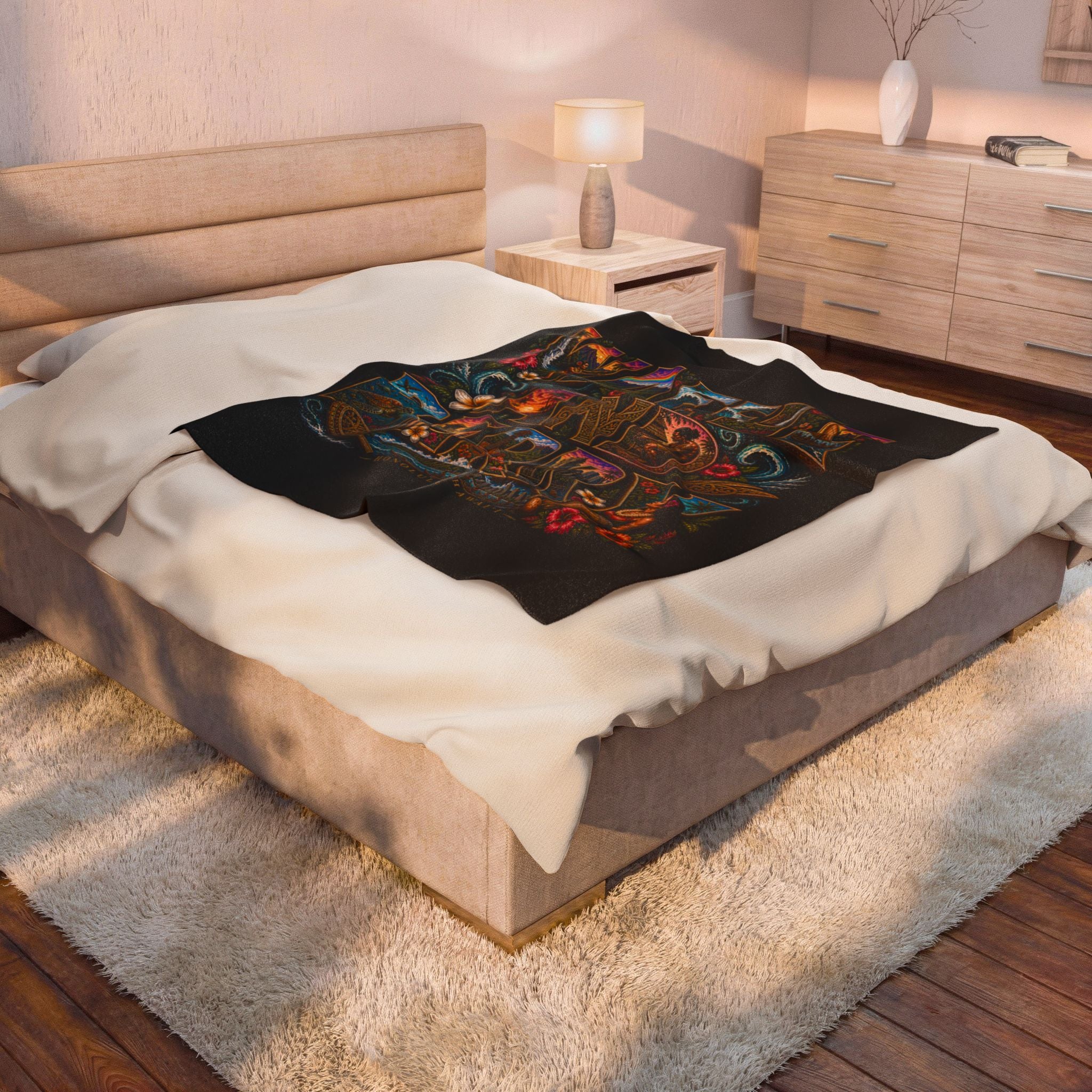 Velveteen Plush Blanket - 'Waffle and Berry' Tropical Floral Cozy Throw