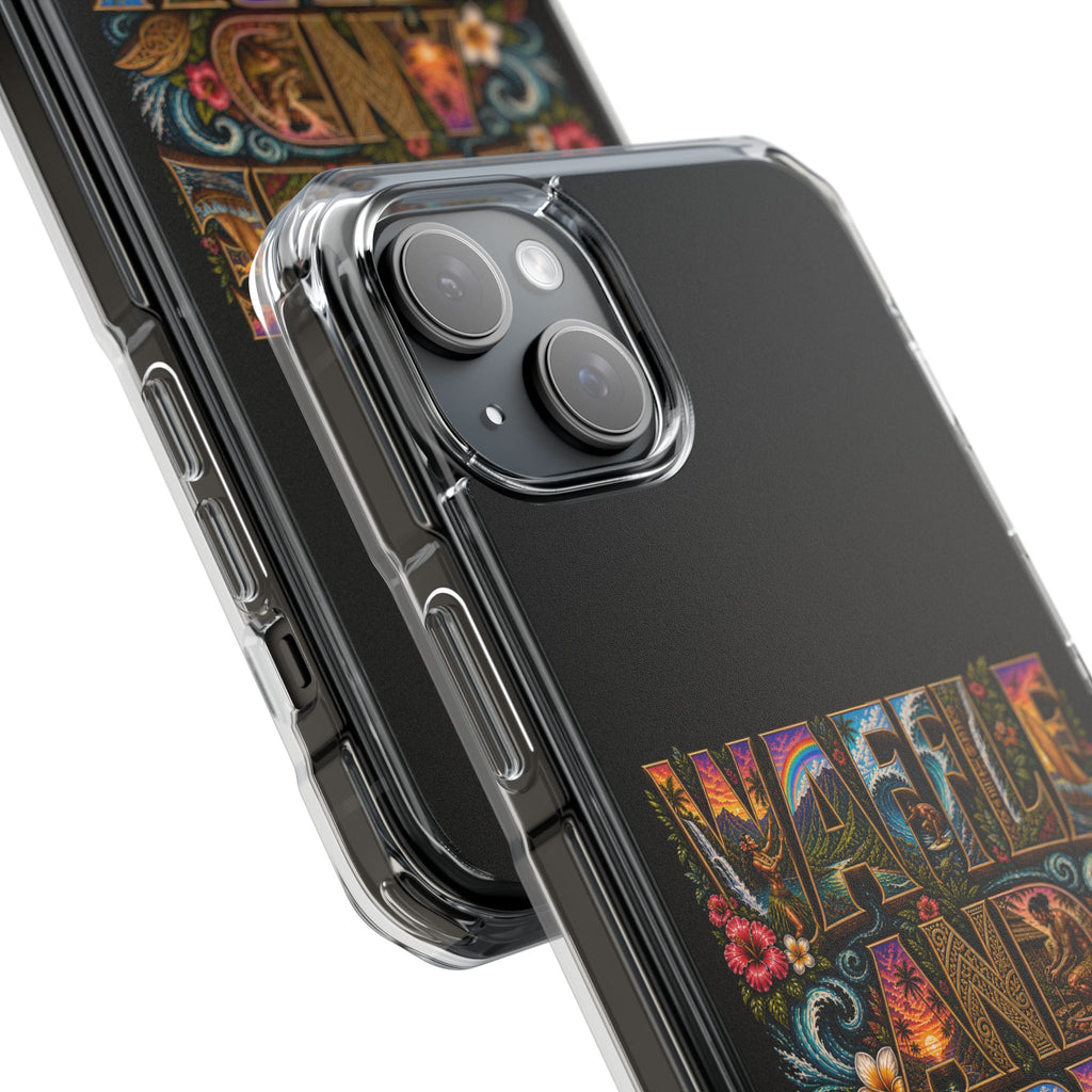 Clear Magnetic Phone Case — Bright Rainbow Swirl Design (Waffle and Berry text)