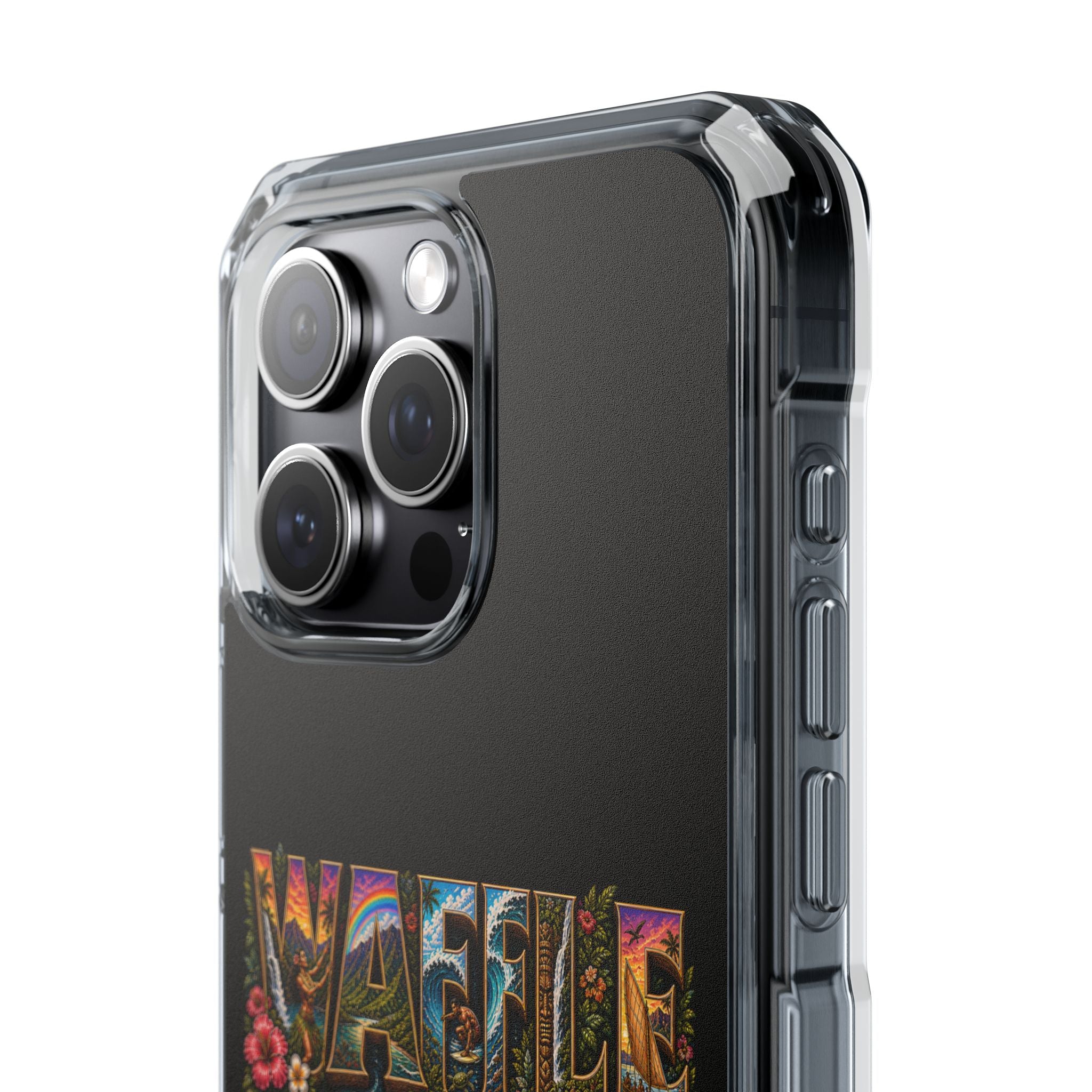 Clear Magnetic Phone Case — Bright Rainbow Swirl Design (Waffle and Berry text)