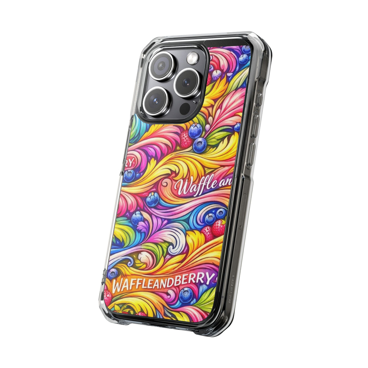 Splash Berry Clear Magnetic Phone Case — Bright Rainbow Swirl Design (Waffle and Berry text)