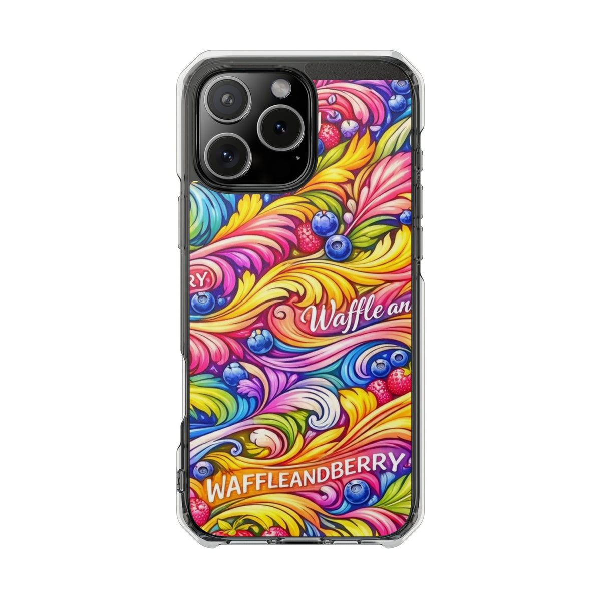 Splash Berry Clear Magnetic Phone Case — Bright Rainbow Swirl Design (Waffle and Berry text)