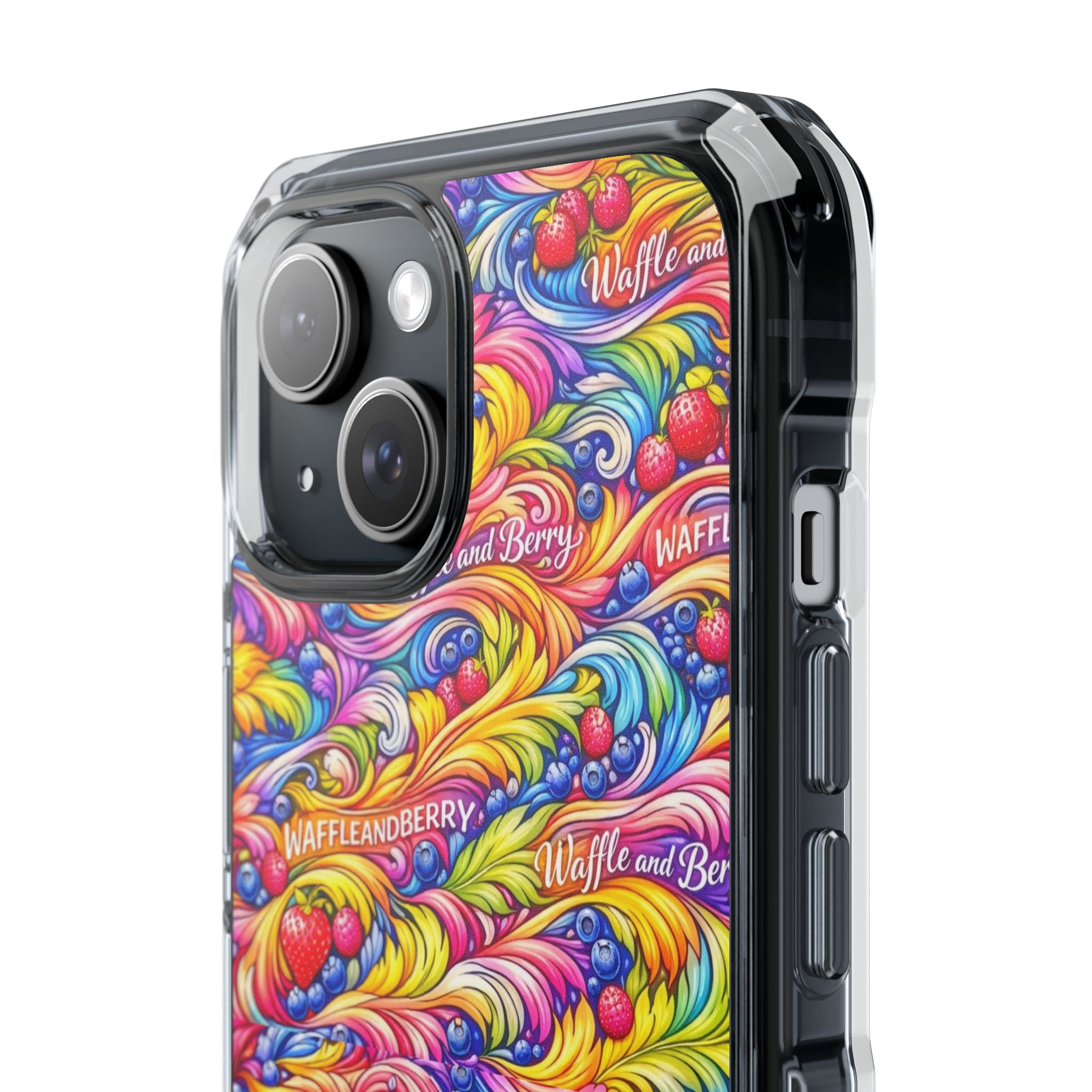 Clear Magnetic Phone Case — Bright Rainbow Swirl Design (Waffle and Berry text)