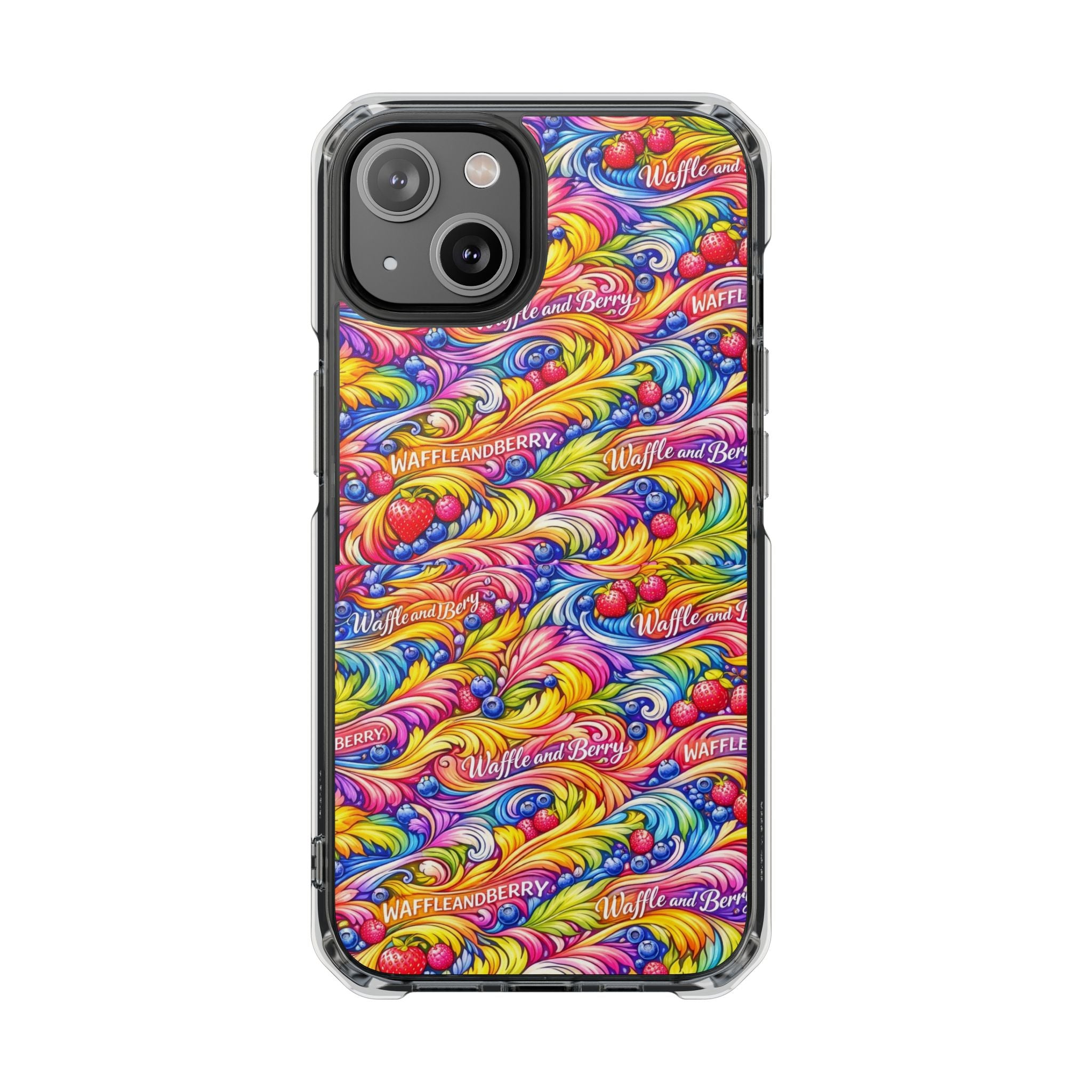 Clear Magnetic Phone Case — Bright Rainbow Swirl Design (Waffle and Berry text)