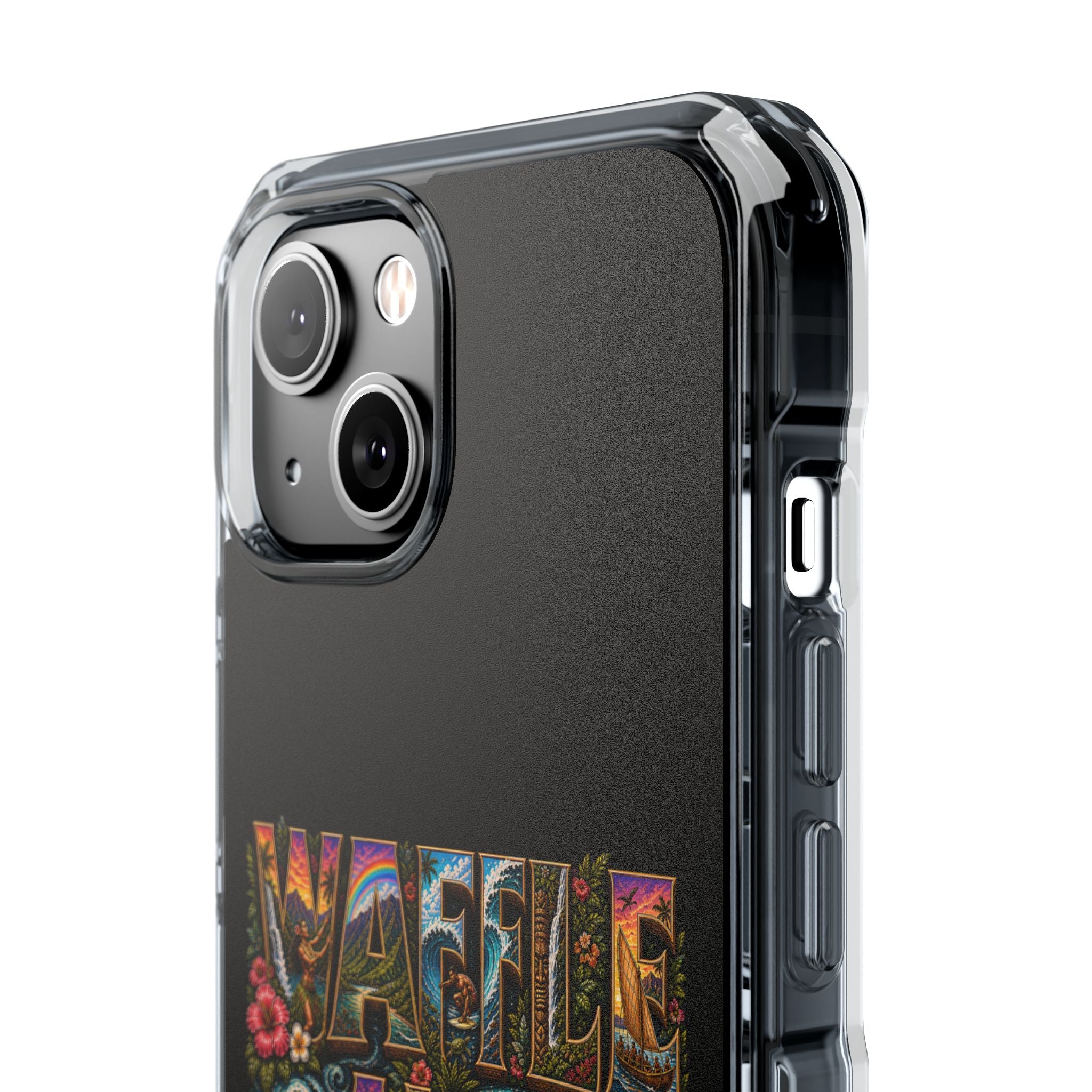 Clear Magnetic Phone Case — Bright Rainbow Swirl Design (Waffle and Berry text)