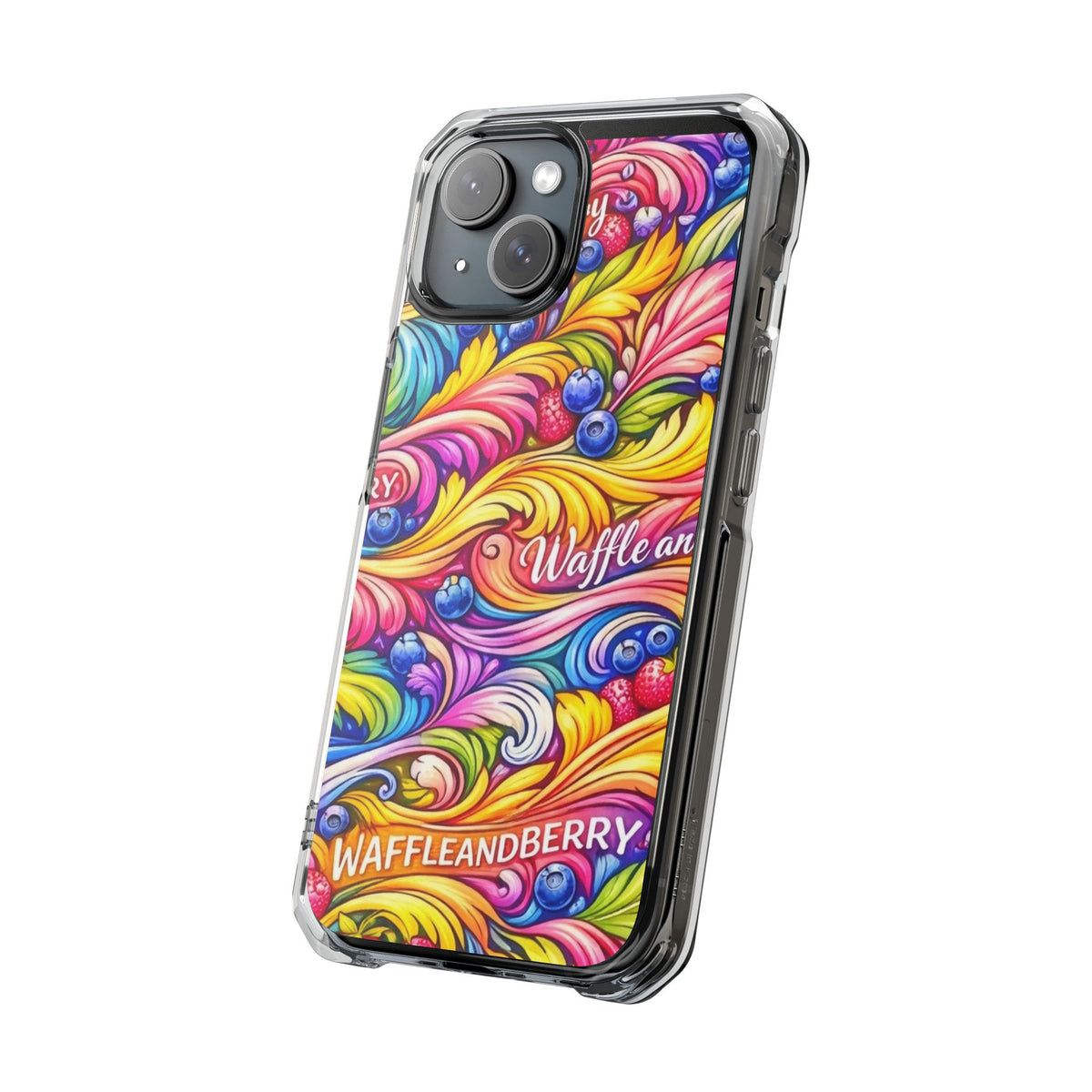 Splash Berry Clear Magnetic Phone Case — Bright Rainbow Swirl Design (Waffle and Berry text)