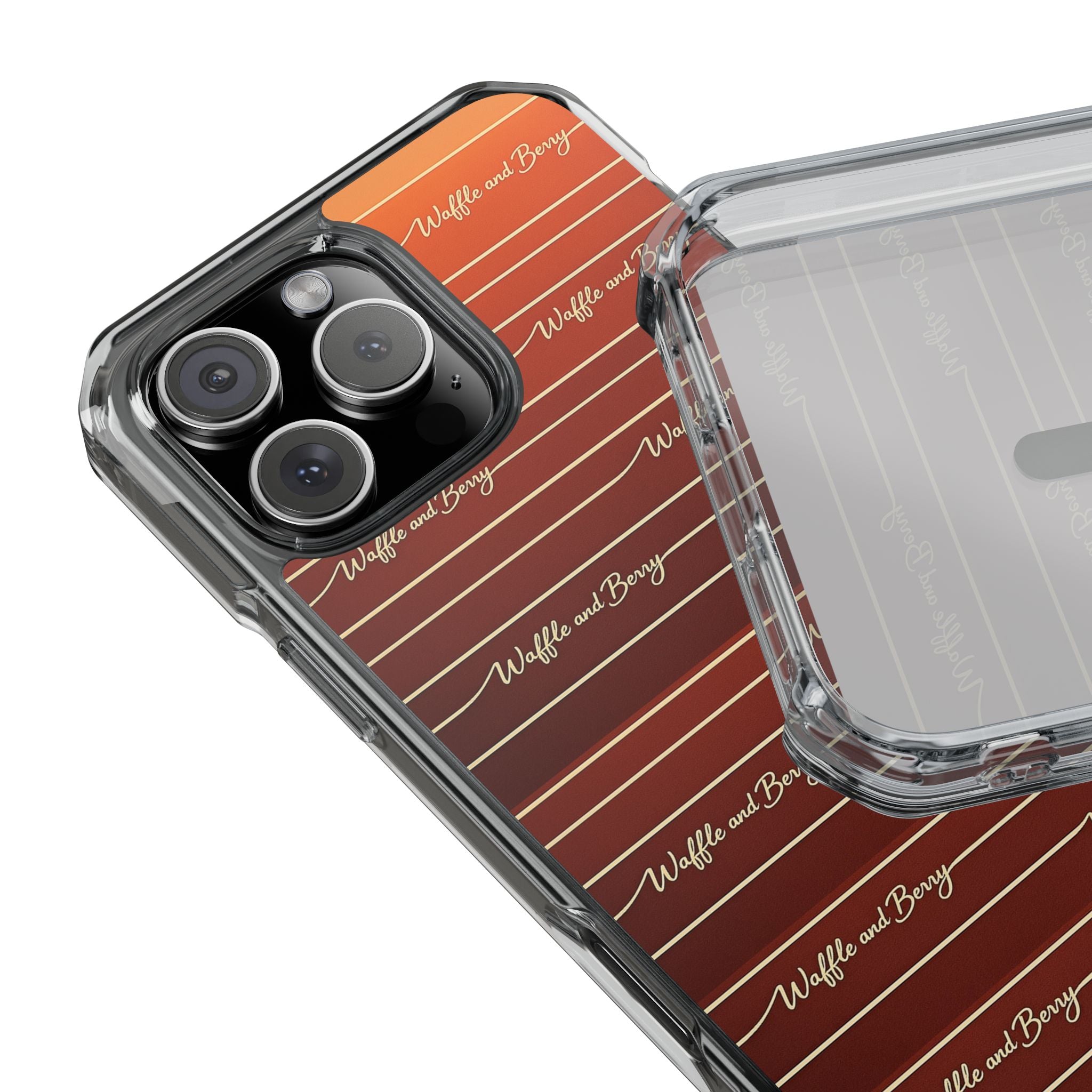 Clear Magnetic Phone Case — Striped Brown Gradient with "Waffles and Brgrs" Script