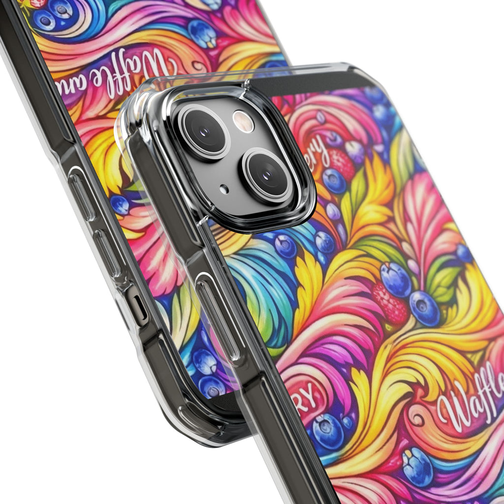 Splash Berry Clear Magnetic Phone Case — Bright Rainbow Swirl Design (Waffle and Berry text)