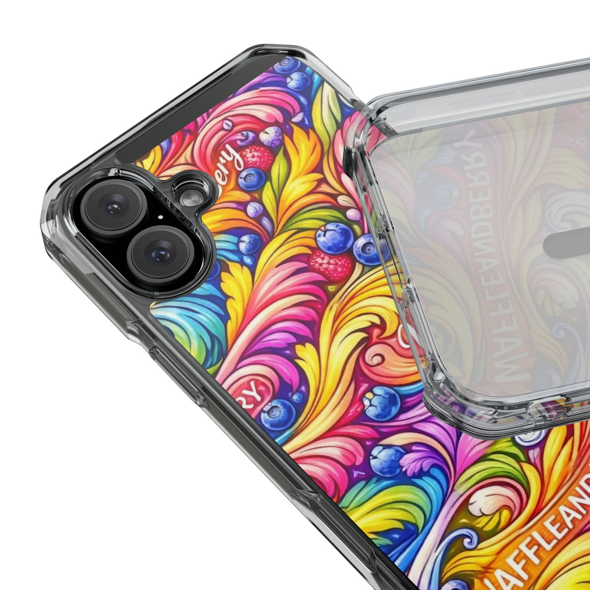 Splash Berry Clear Magnetic Phone Case — Bright Rainbow Swirl Design (Waffle and Berry text)