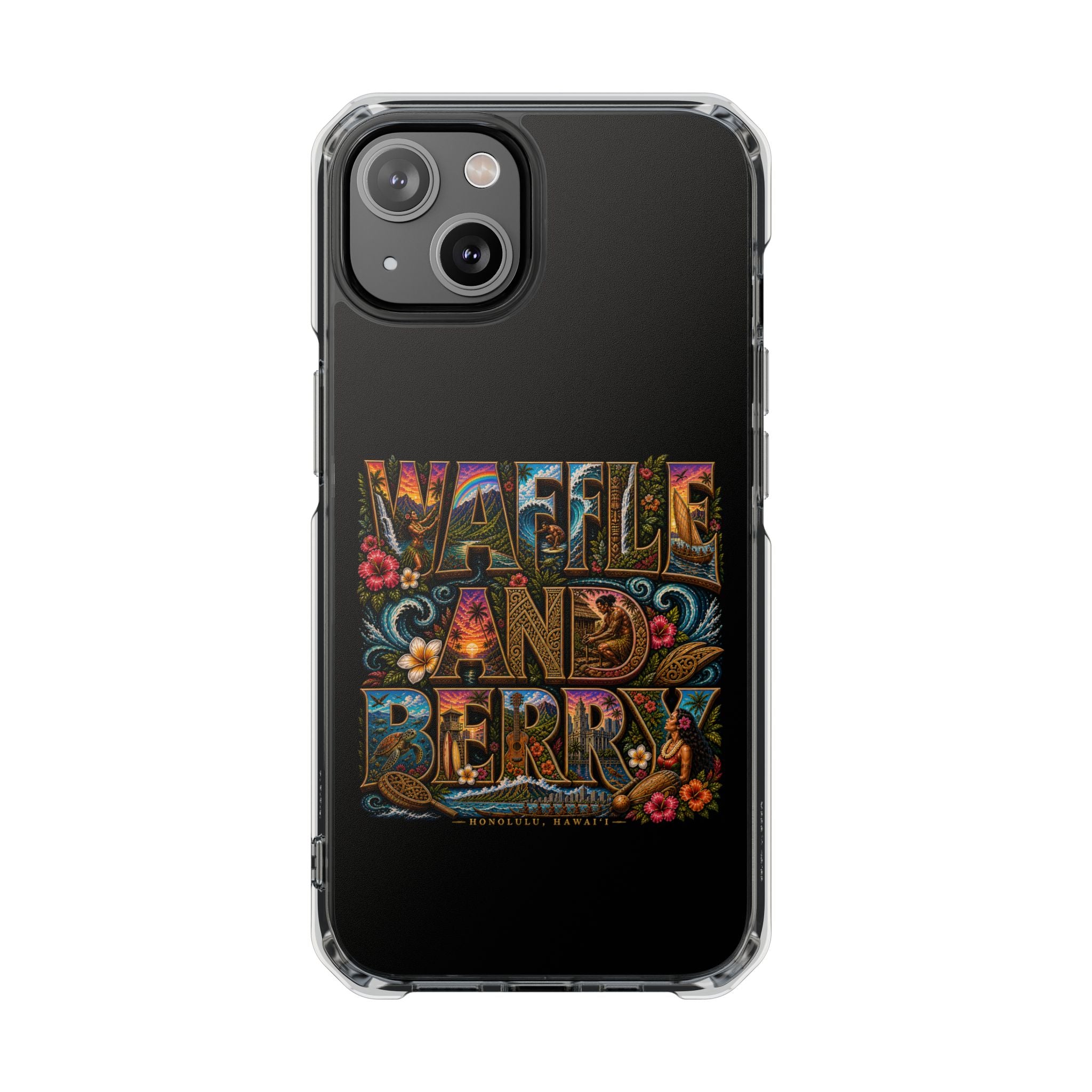 Clear Magnetic Phone Case — Bright Rainbow Swirl Design (Waffle and Berry text)