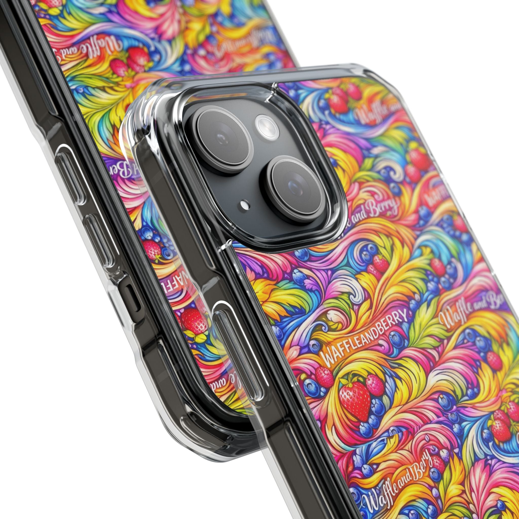 Clear Magnetic Phone Case — Bright Rainbow Swirl Design (Waffle and Berry text)