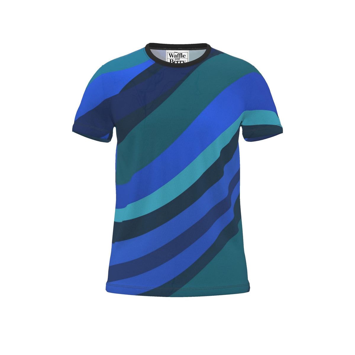 Supplier render of Cobalt Current men's T-shirt, front with sweeping cobalt, teal and navy bands and a dark crew neck.