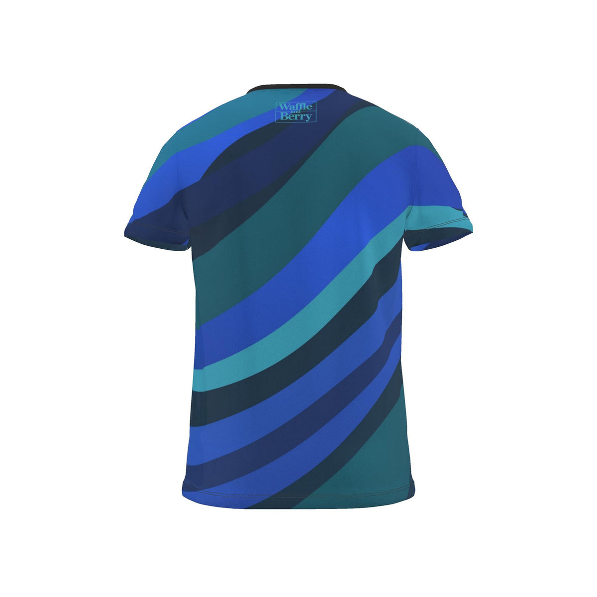 Supplier render of Cobalt Current men's T-shirt, back with blue bands and a small light-blue Waffle and Berry box logo below the neck.
