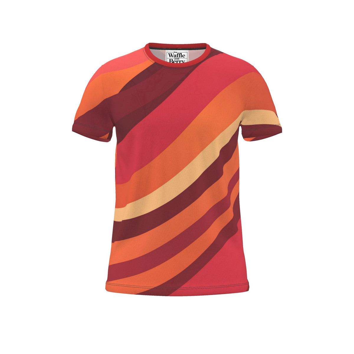Supplier render of Solar Current men's T-shirt, front with sweeping red, coral, orange and peach bands.