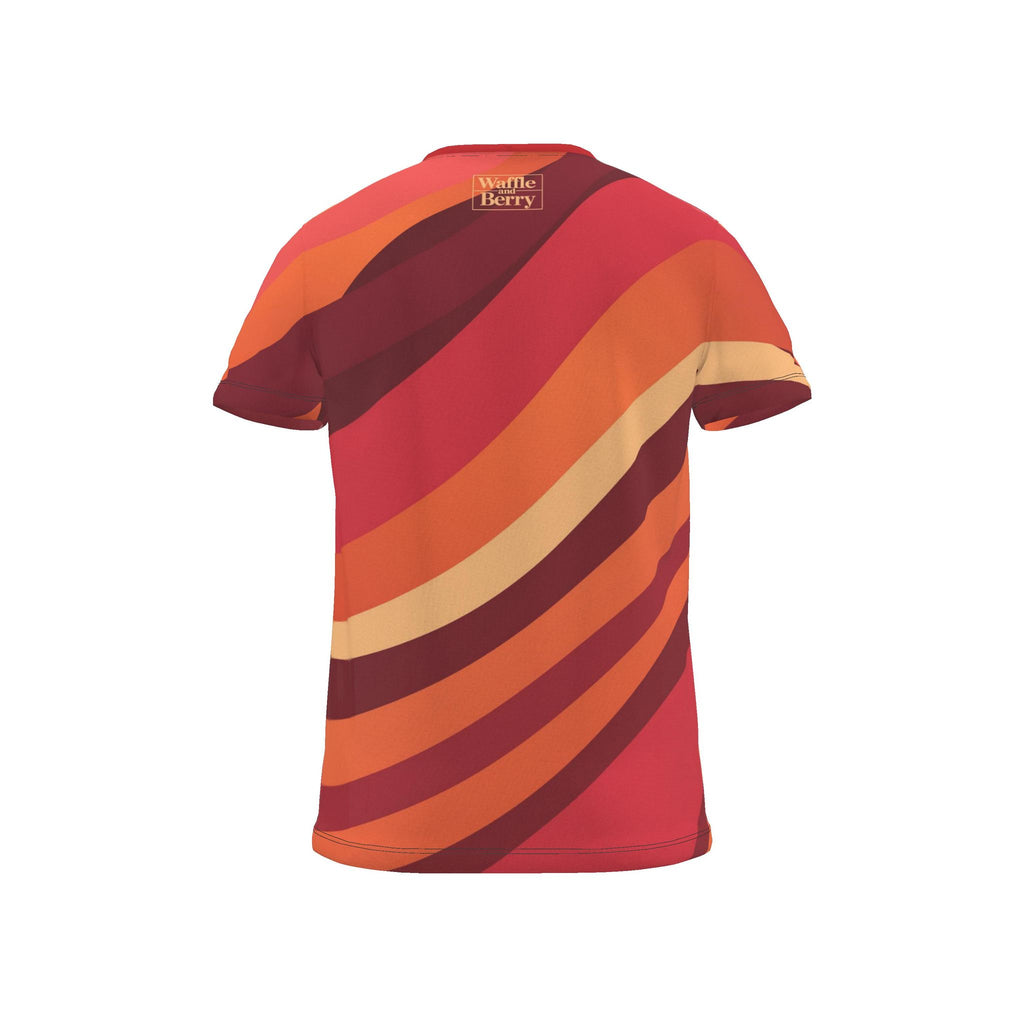 Supplier render of Solar Current men's T-shirt, back with warm-color bands and a small peach Waffle and Berry box logo below the neck.