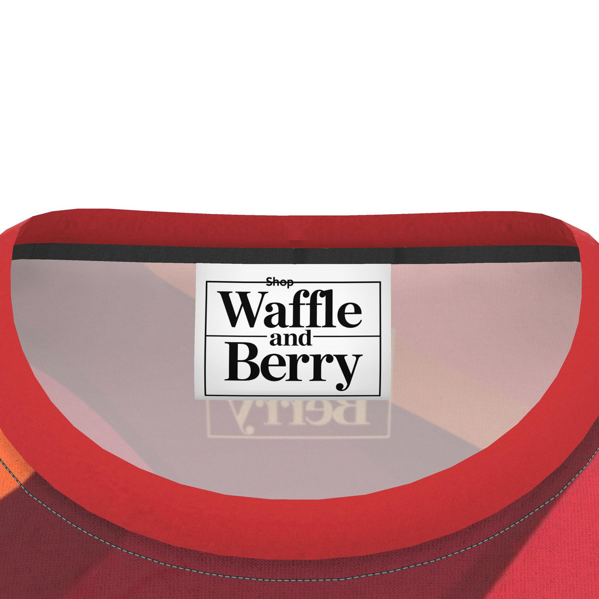 Solar Current T-shirt close-up of the inside Waffle and Berry label and red neckline.