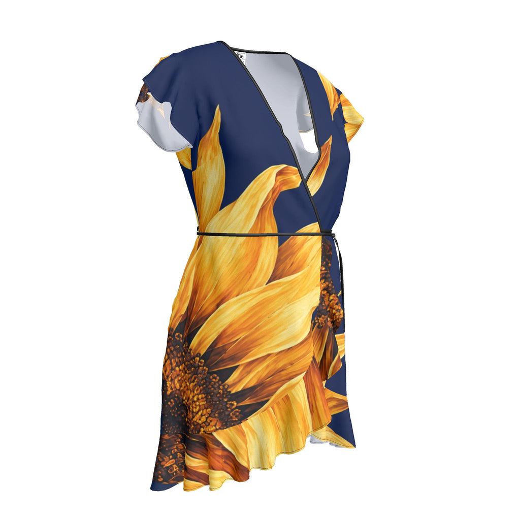 Sunflower Tea Dress supplier rendering, front three-quarter view with golden sunflower print on navy, V-neck and waist tie.