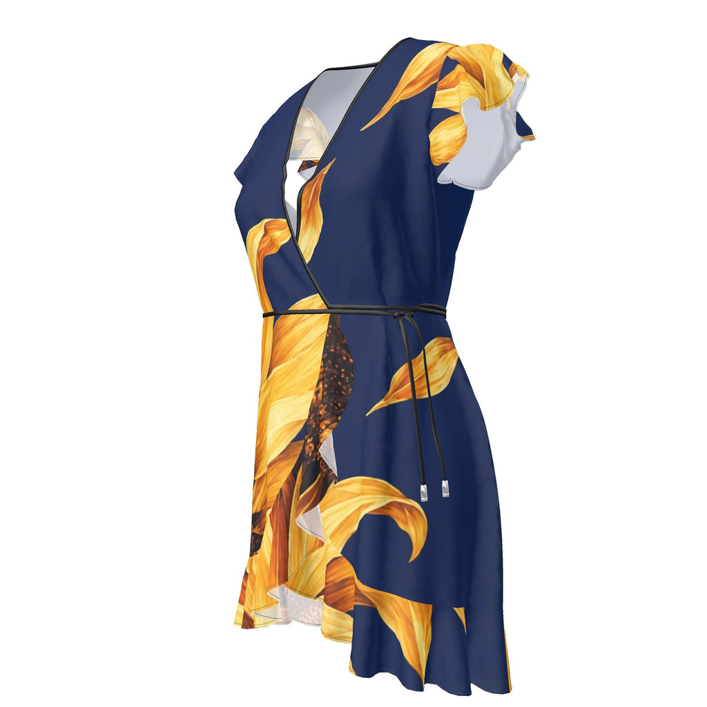Sunflower Tea Dress supplier rendering, opposite front three-quarter view showing navy wrap-style bodice and sunflower skirt.