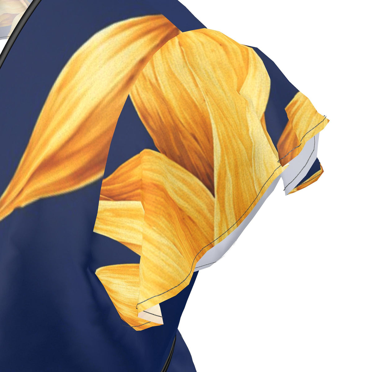 Sunflower Tea Dress supplier rendering, close-up of golden sunflower petals across the short sleeve.