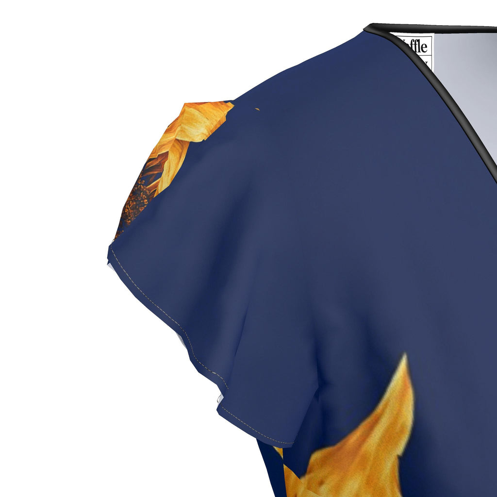 Sunflower Tea Dress supplier rendering, close-up of the navy short sleeve and neckline.