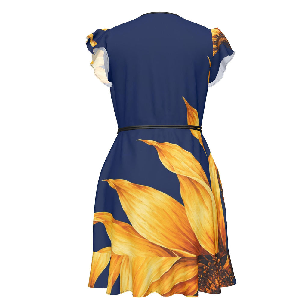 Sunflower Tea Dress supplier rendering, back view showing navy bodice, waist tie and large sunflower across the skirt.
