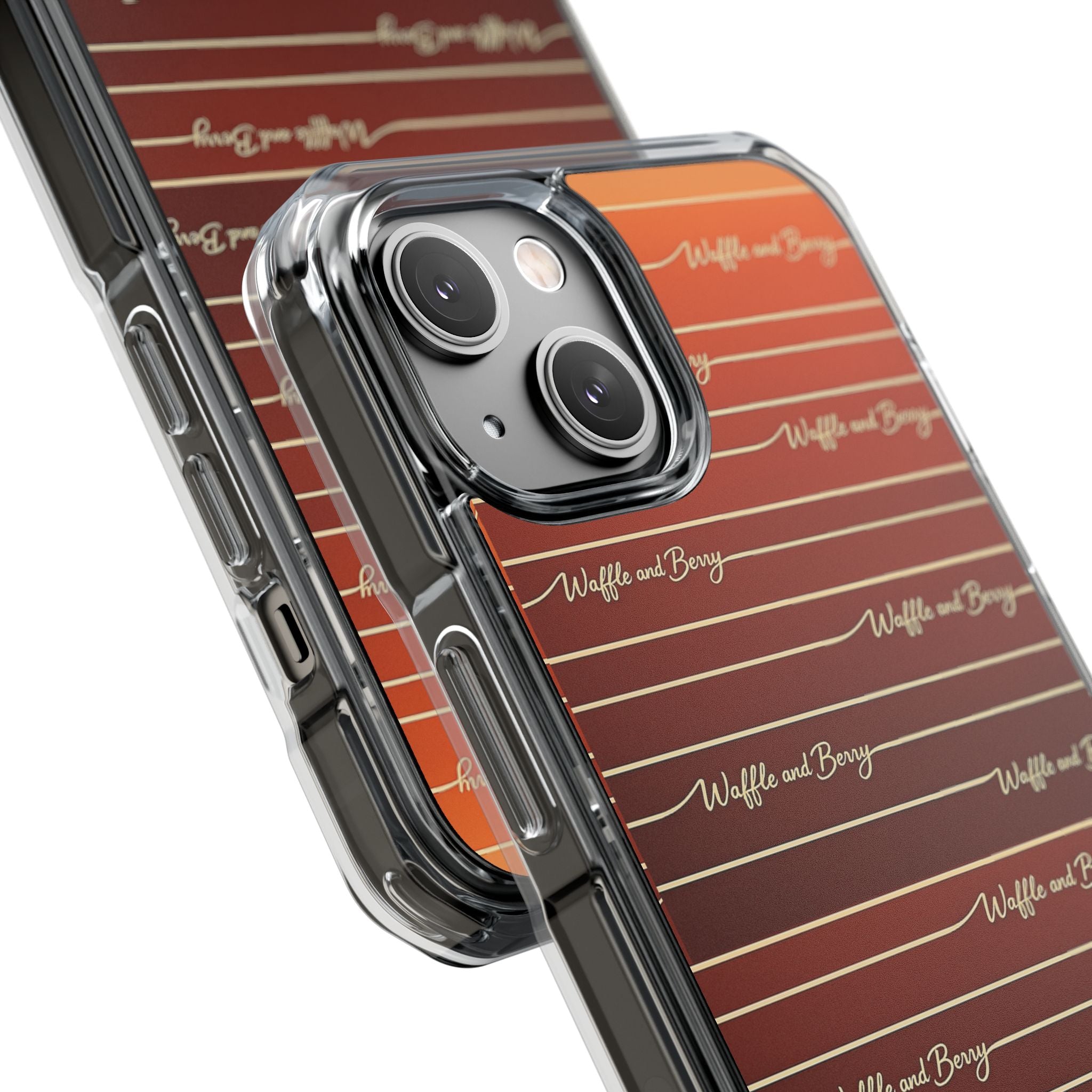 Clear Magnetic Phone Case — Striped Brown Gradient with "Waffles and Brgrs" Script