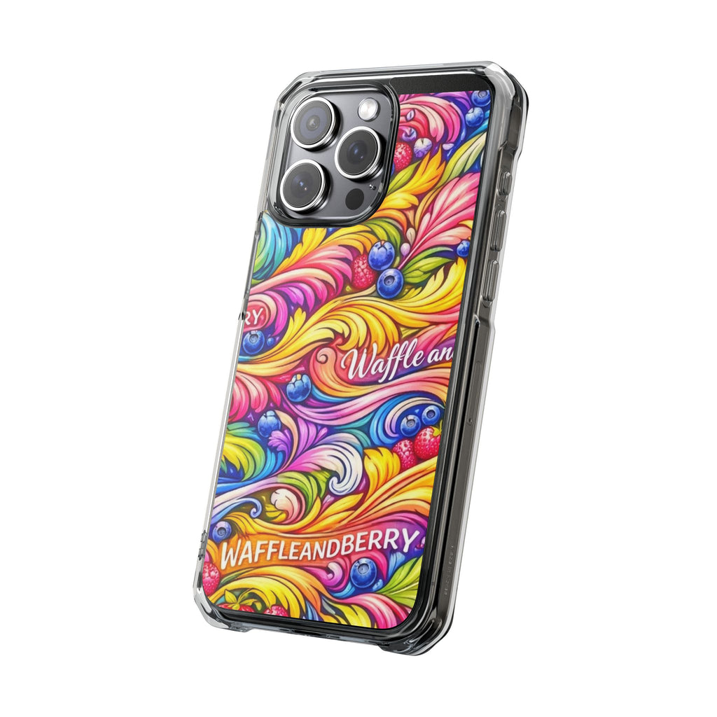 Splash Berry Clear Magnetic Phone Case — Bright Rainbow Swirl Design (Waffle and Berry text)
