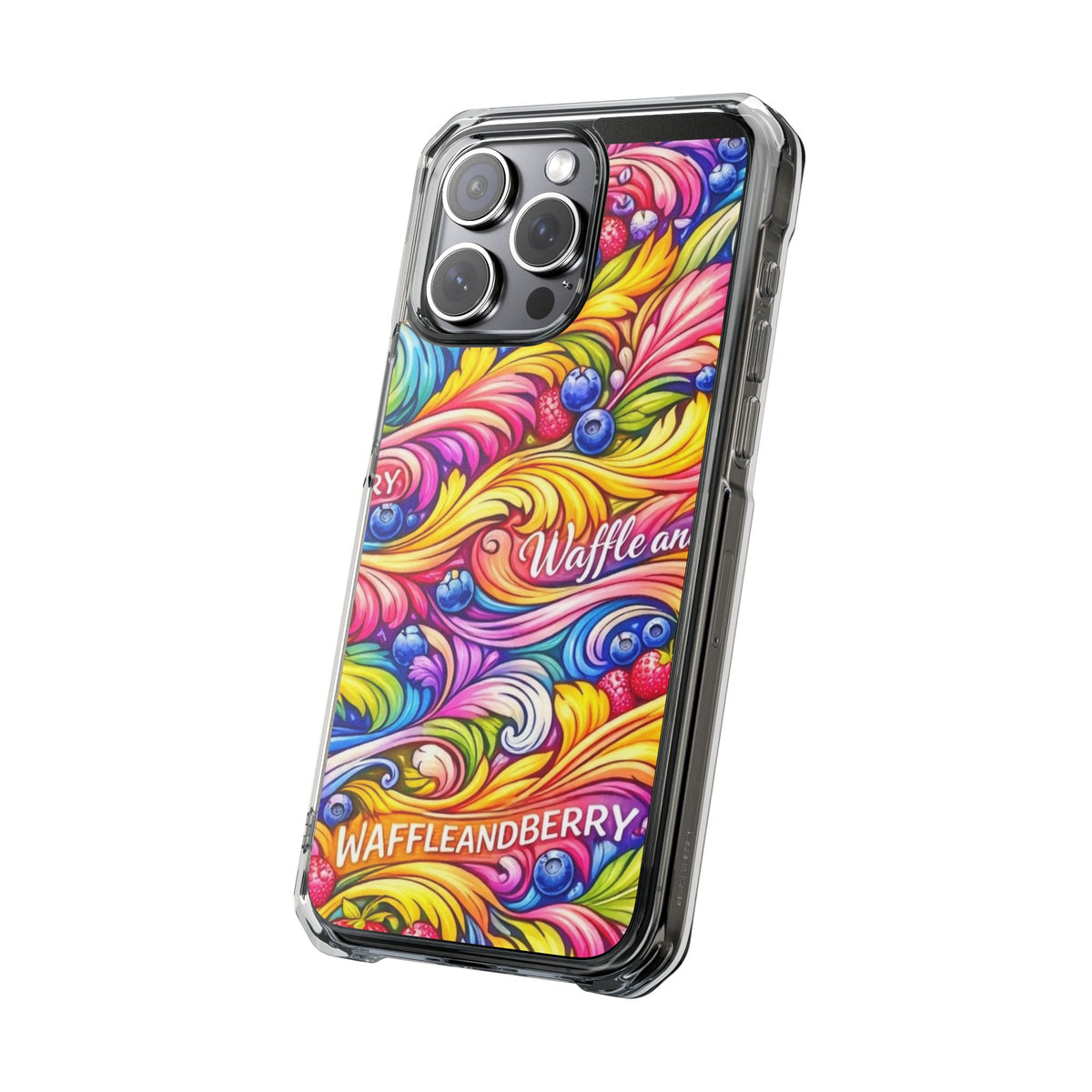 Splash Berry Clear Magnetic Phone Case — Bright Rainbow Swirl Design (Waffle and Berry text)