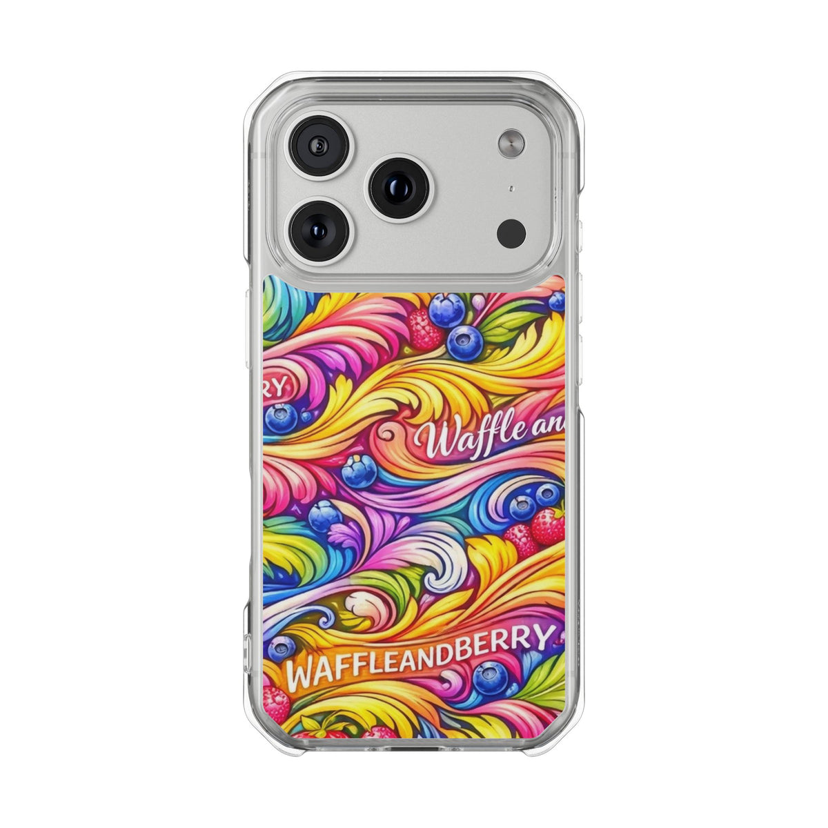 Splash Berry Clear Magnetic Phone Case — Bright Rainbow Swirl Design (Waffle and Berry text)