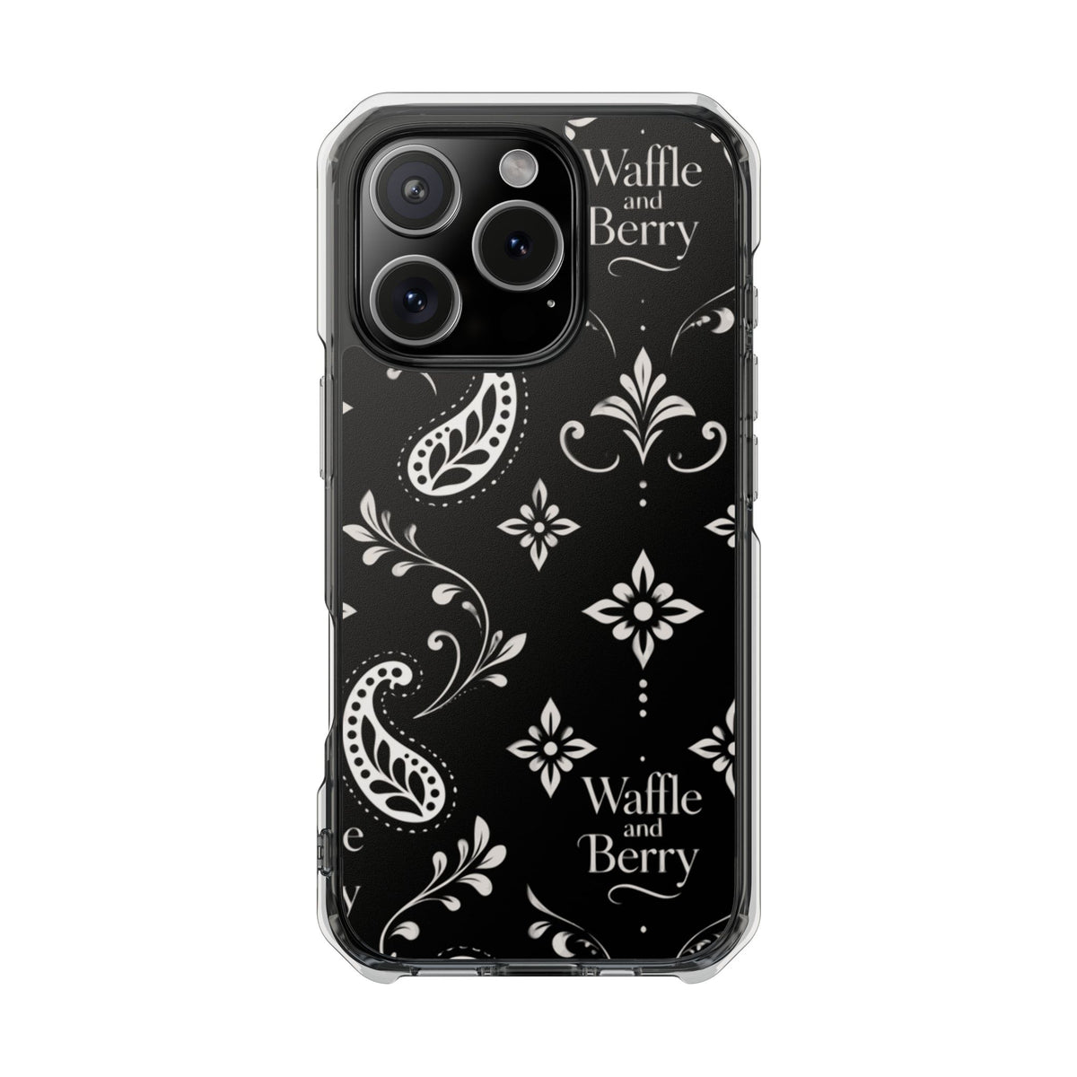 Paisley Clear Magnetic Phone Case — Bright Rainbow Swirl Design (Waffle and Berry text)