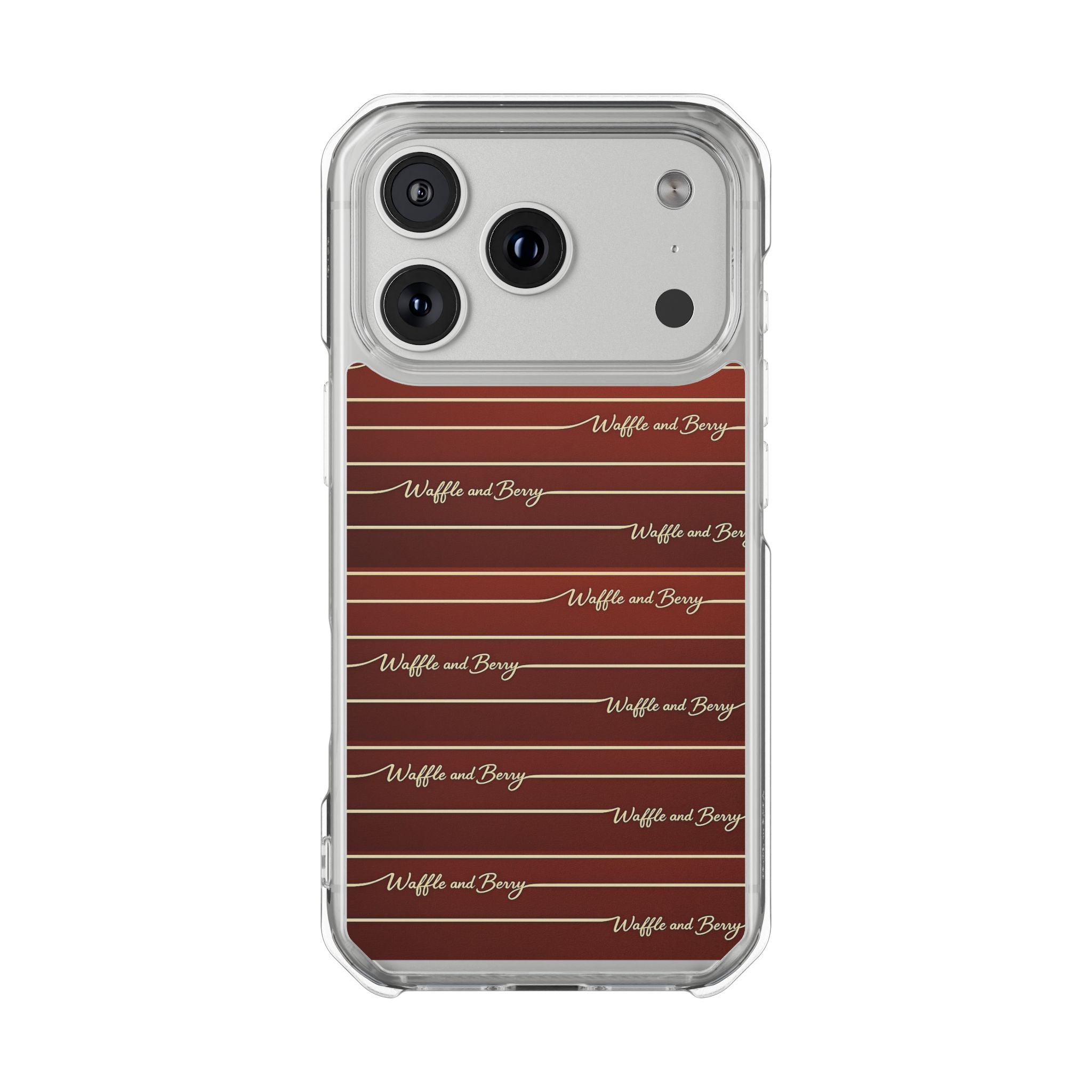 Clear Magnetic Phone Case — Striped Brown Gradient with "Waffles and Brgrs" Script