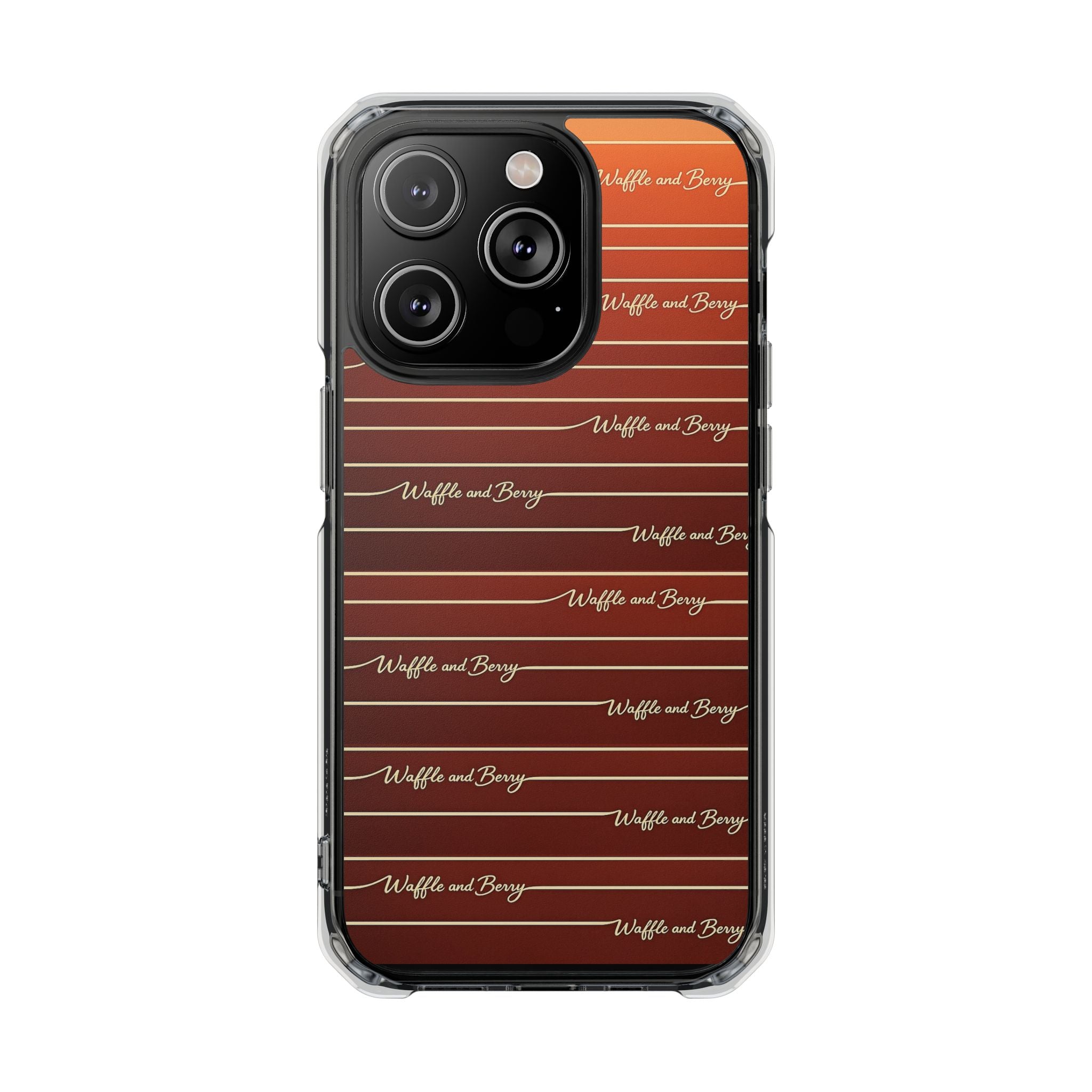 Clear Magnetic Phone Case — Striped Brown Gradient with "Waffles and Brgrs" Script