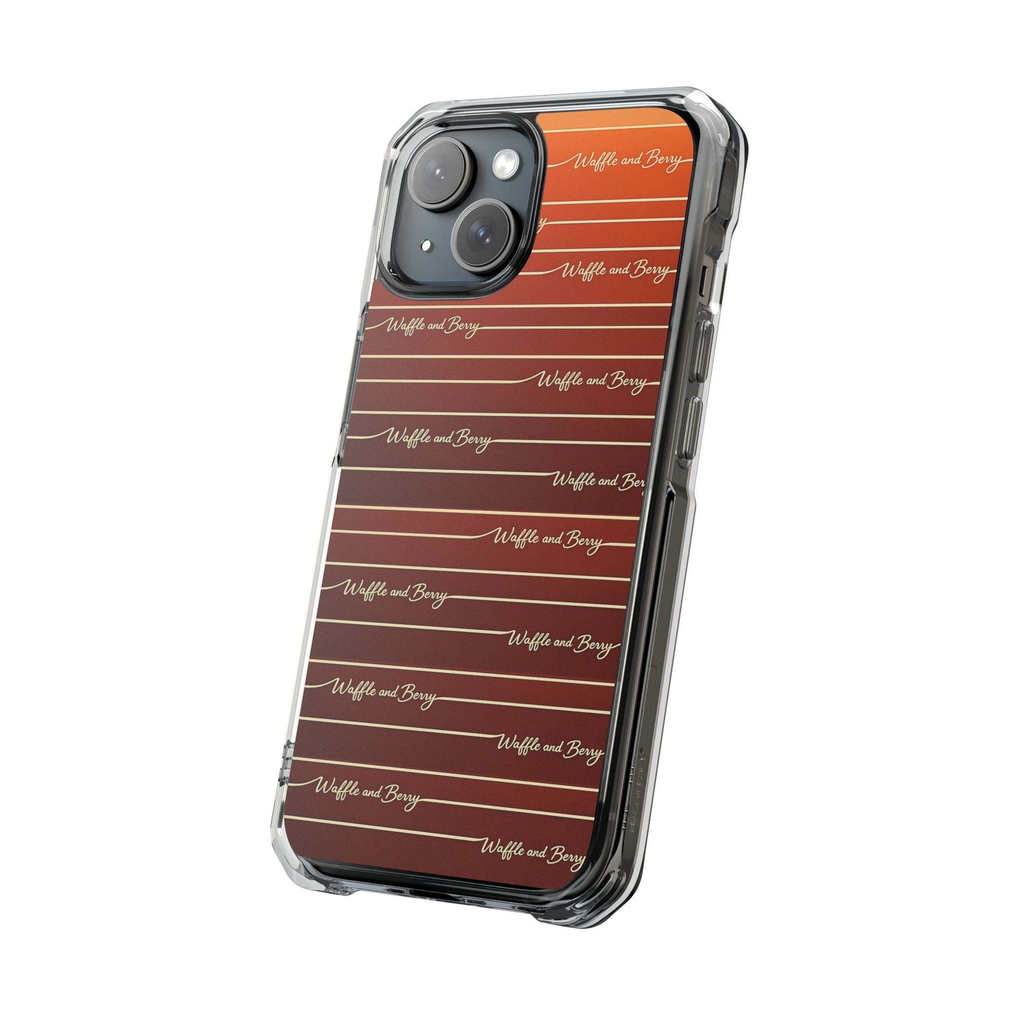 Clear Magnetic Phone Case — Striped Brown Gradient with "Waffles and Brgrs" Script