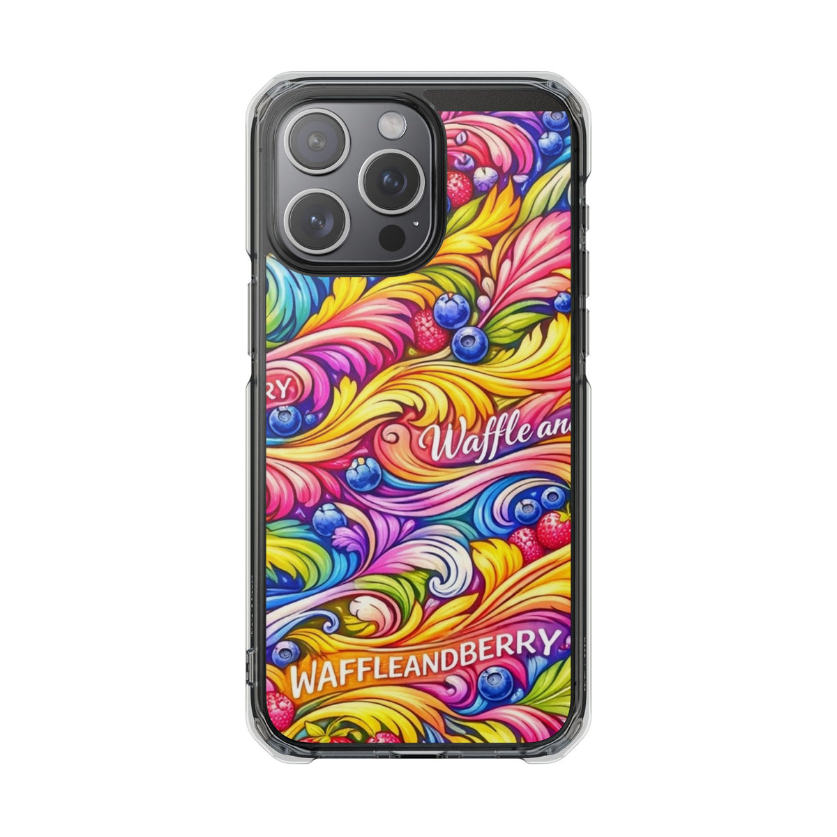Splash Berry Clear Magnetic Phone Case — Bright Rainbow Swirl Design (Waffle and Berry text)