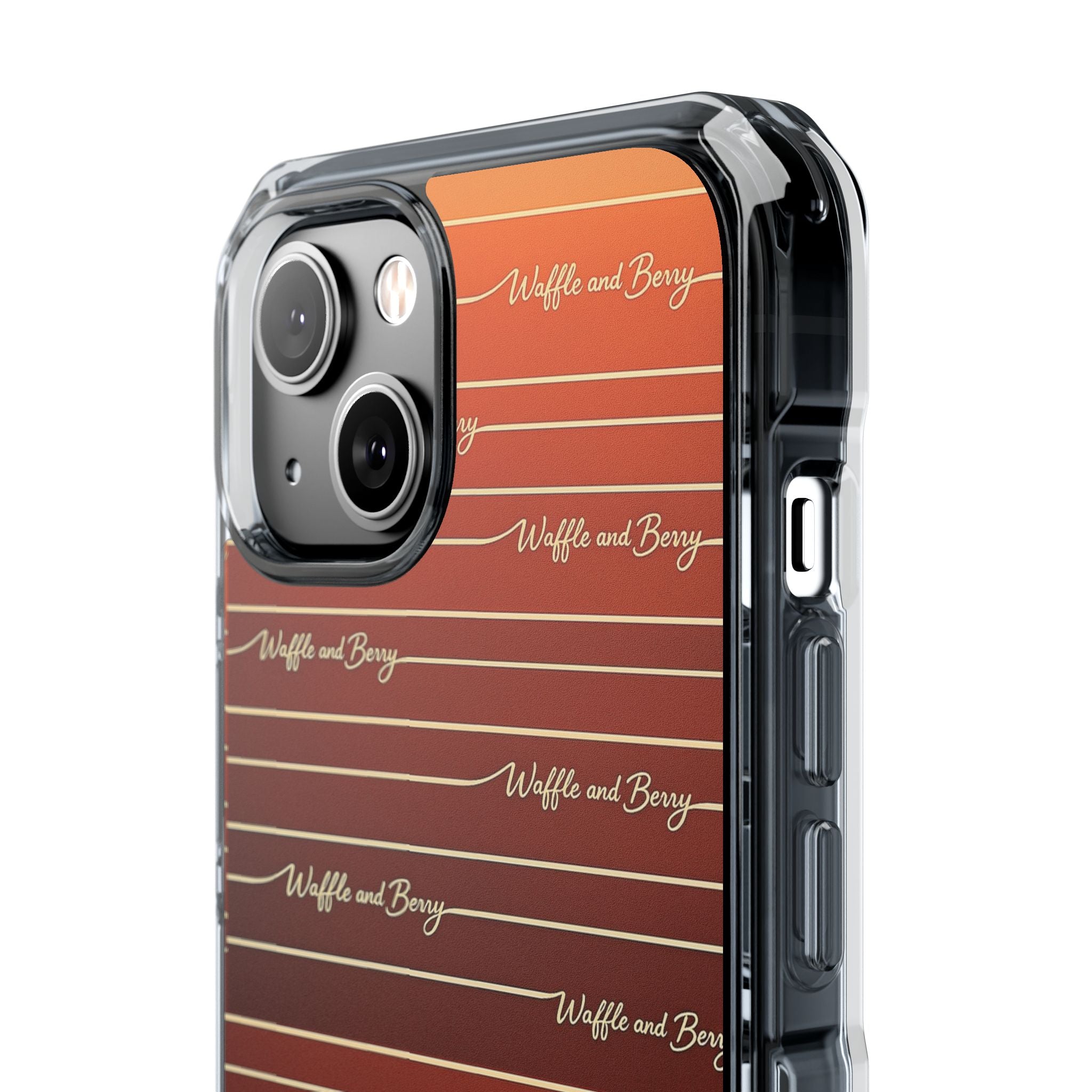 Clear Magnetic Phone Case — Striped Brown Gradient with "Waffles and Brgrs" Script