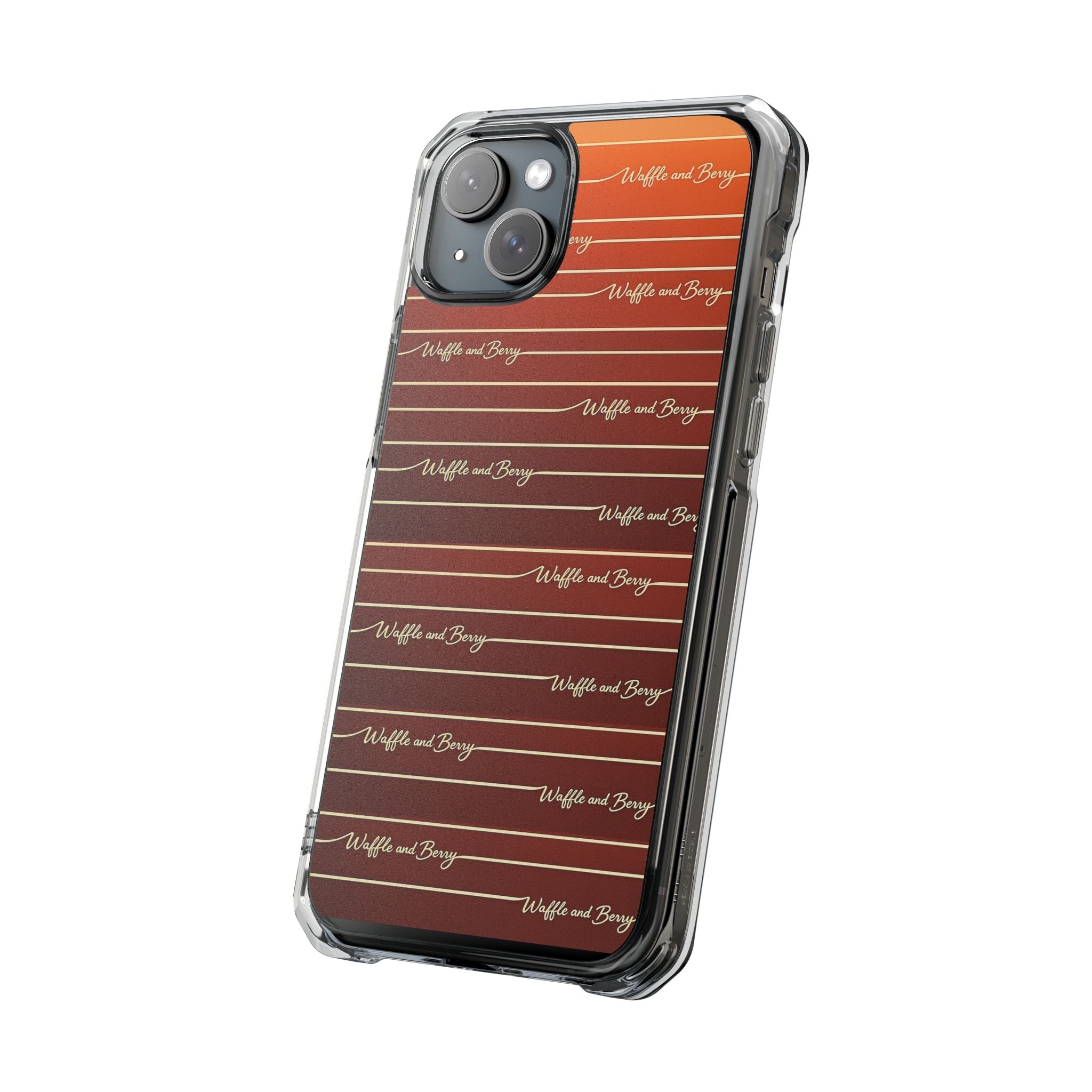 Clear Magnetic Phone Case — Striped Brown Gradient with "Waffles and Brgrs" Script
