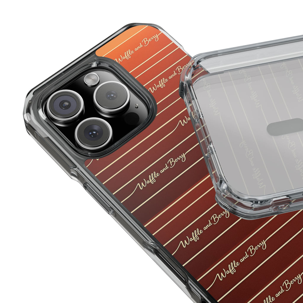 Clear Magnetic Phone Case — Striped Brown Gradient with "Waffles and Brgrs" Script