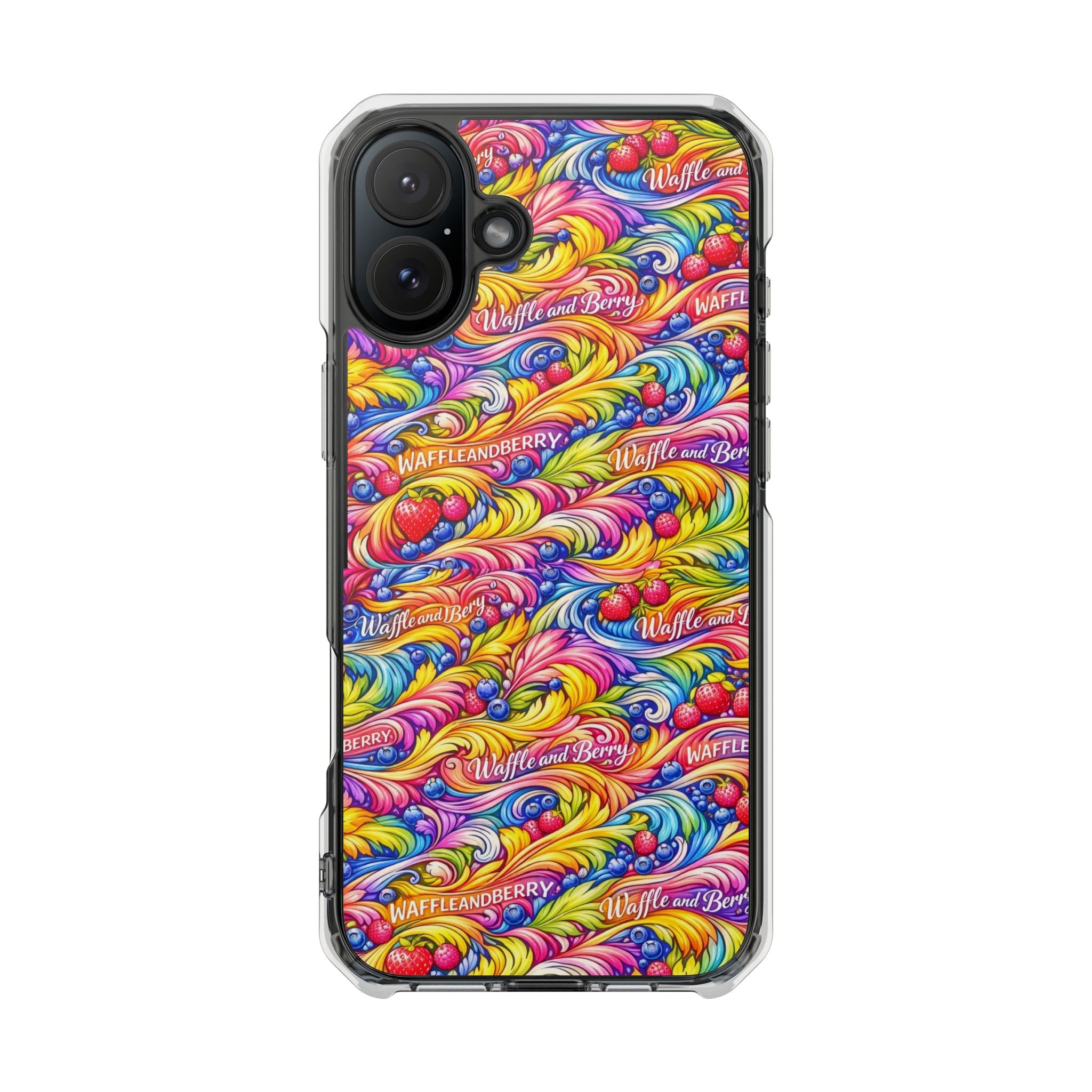 Clear Magnetic Phone Case — Bright Rainbow Swirl Design (Waffle and Berry text)