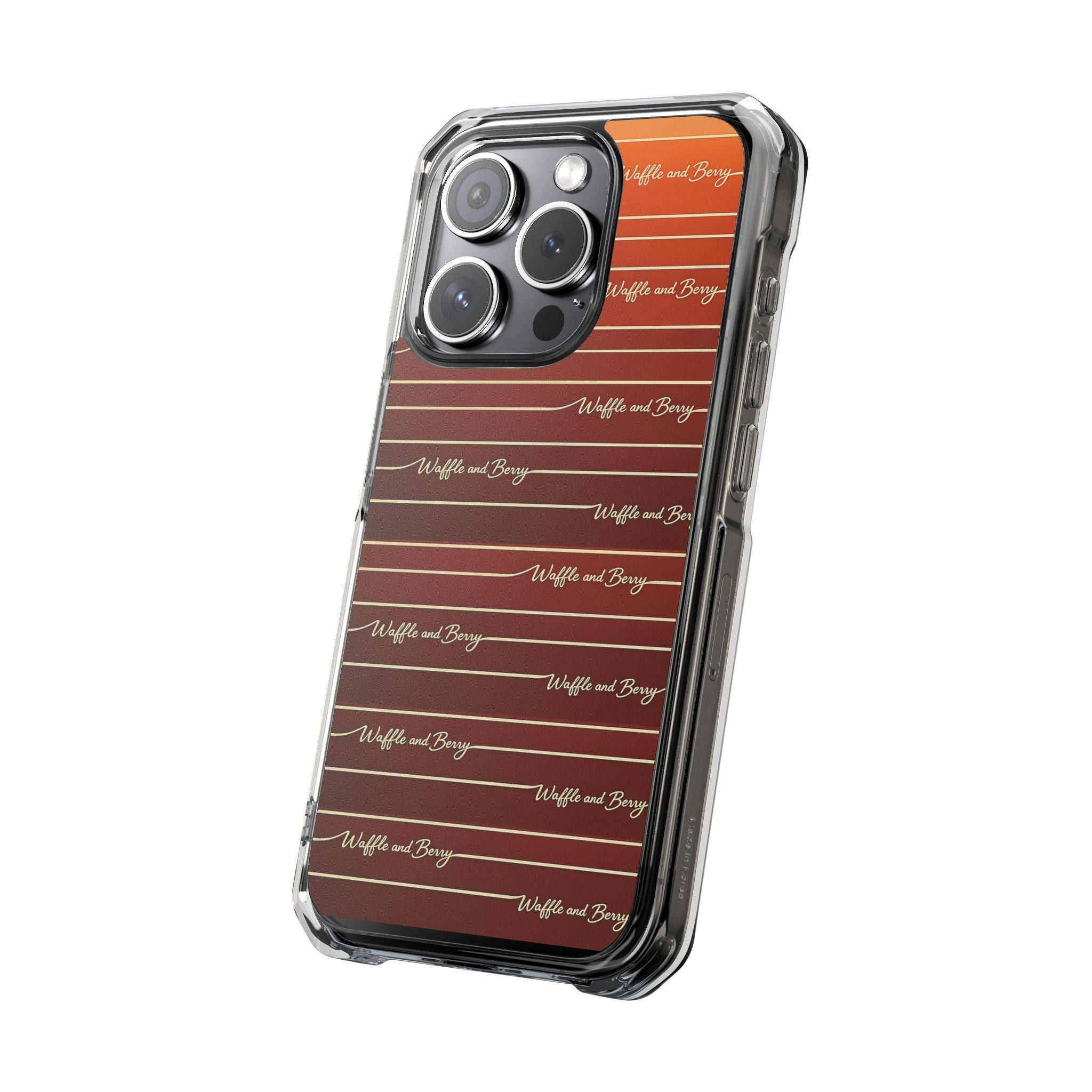 Clear Magnetic Phone Case — Striped Brown Gradient with "Waffles and Brgrs" Script
