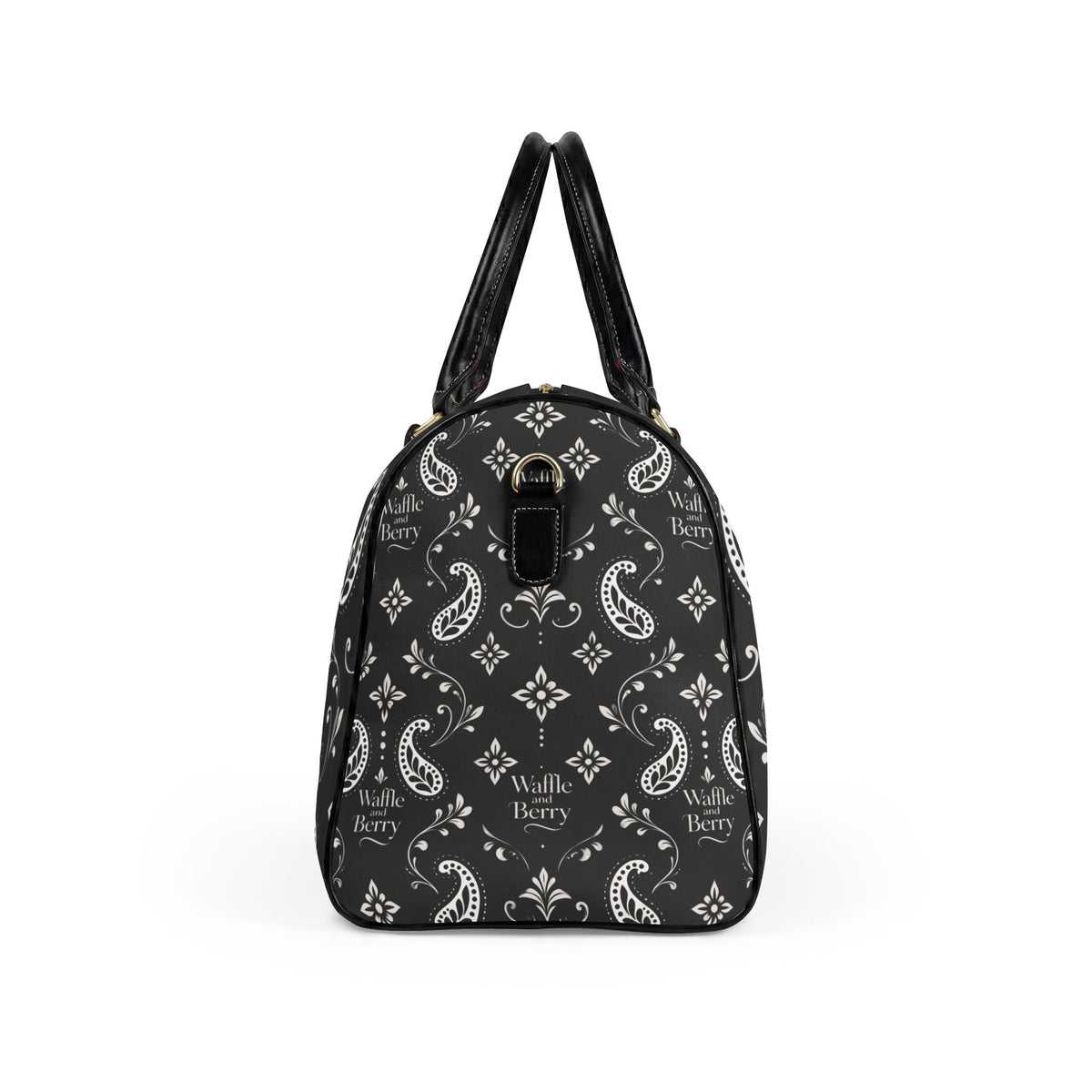 Black Paisley travel bag, end view showing the patterned side panel and shoulder-strap attachment ring.