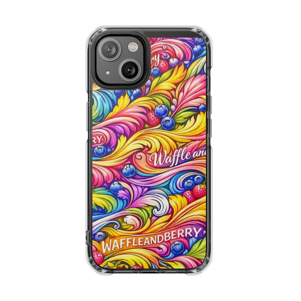 Splash Berry Clear Magnetic Phone Case — Bright Rainbow Swirl Design (Waffle and Berry text)