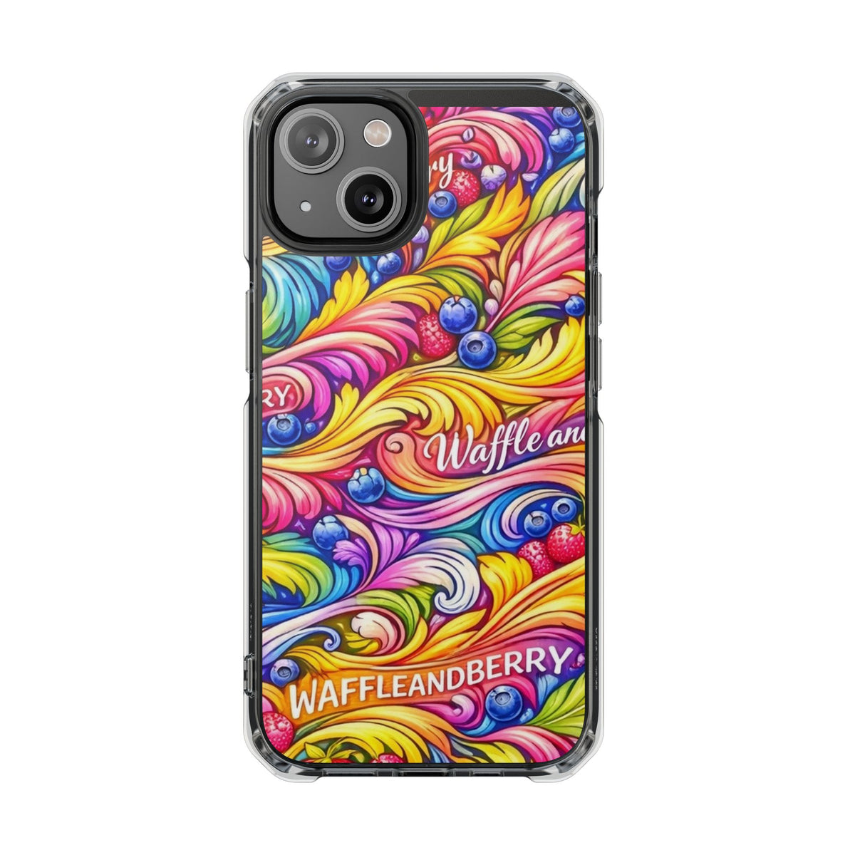 Splash Berry Clear Magnetic Phone Case — Bright Rainbow Swirl Design (Waffle and Berry text)
