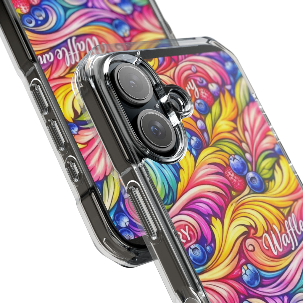 Splash Berry Clear Magnetic Phone Case — Bright Rainbow Swirl Design (Waffle and Berry text)