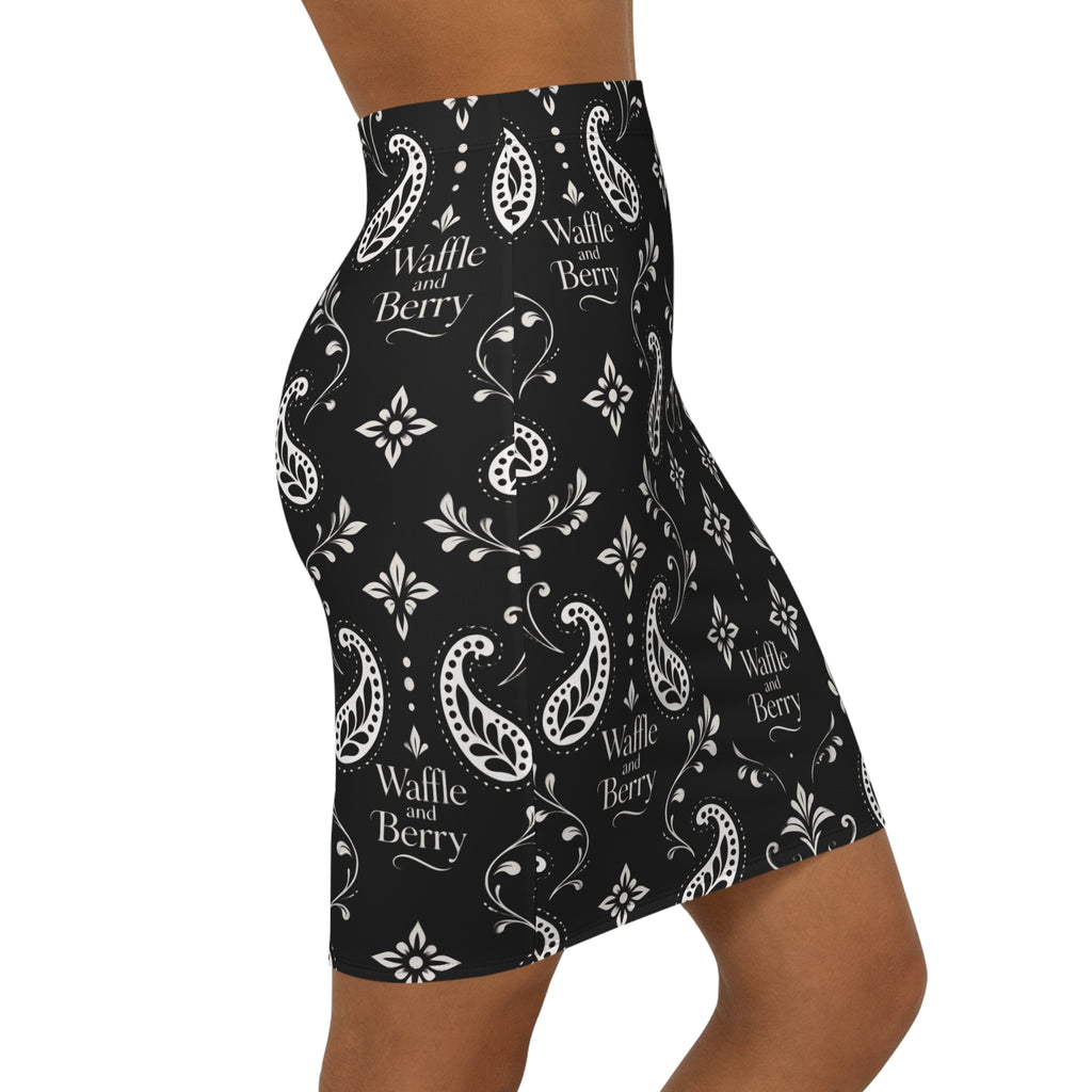 Black Paisley Pencil Skirt — 'Waffle and Berry' Patterned Midi