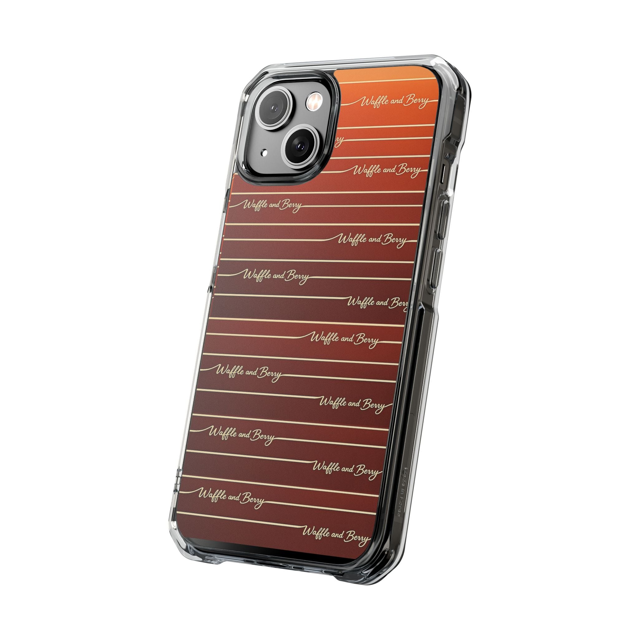 Clear Magnetic Phone Case — Striped Brown Gradient with "Waffles and Brgrs" Script