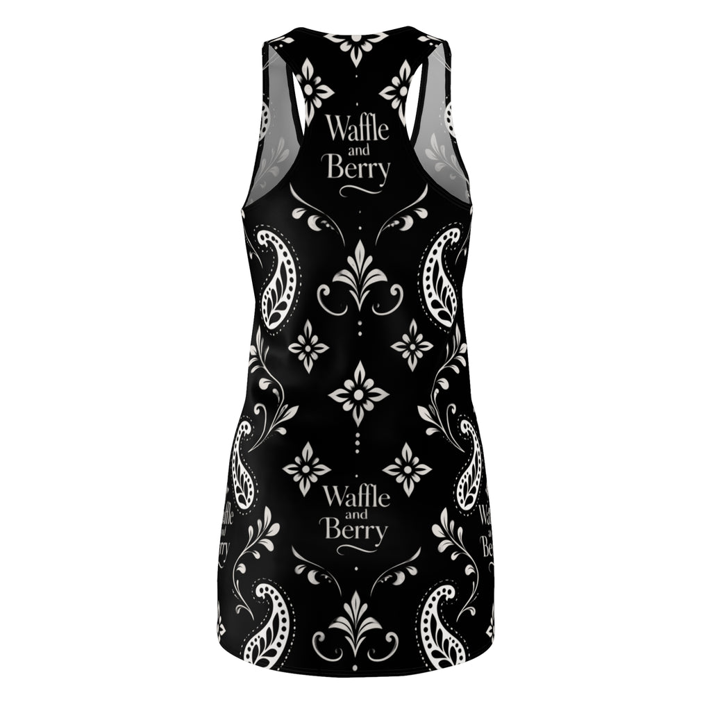 Black Paisley Waffle and Berry racerback dress, back and side views
