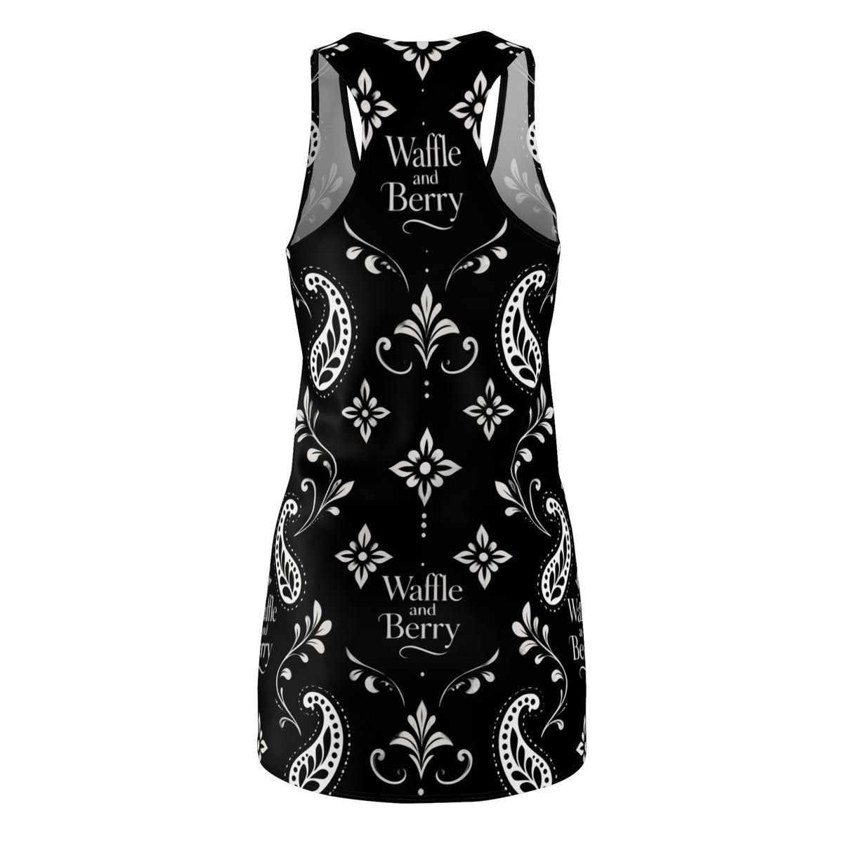 Black Paisley Waffle and Berry racerback dress, back and side views