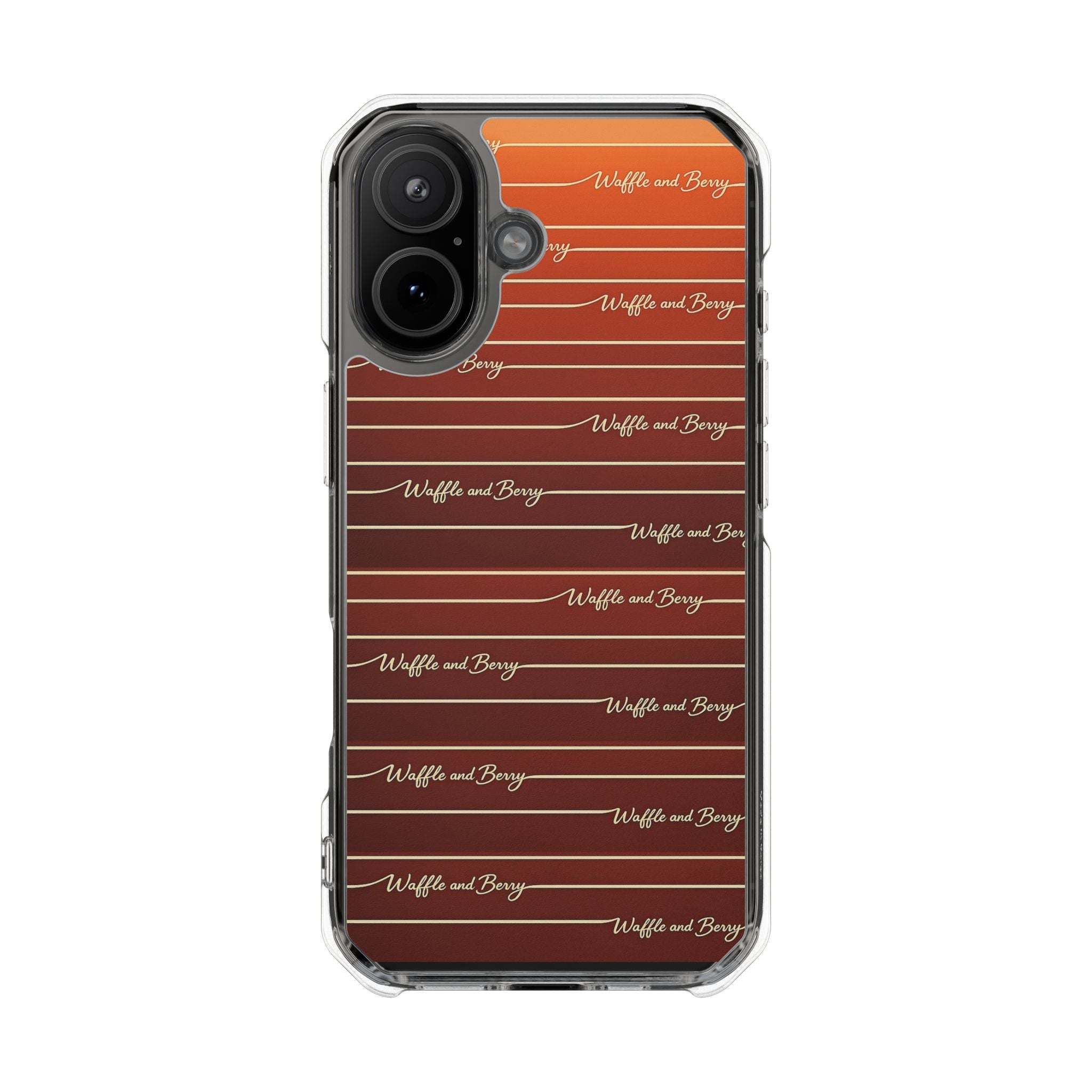 Clear Magnetic Phone Case — Striped Brown Gradient with "Waffles and Brgrs" Script