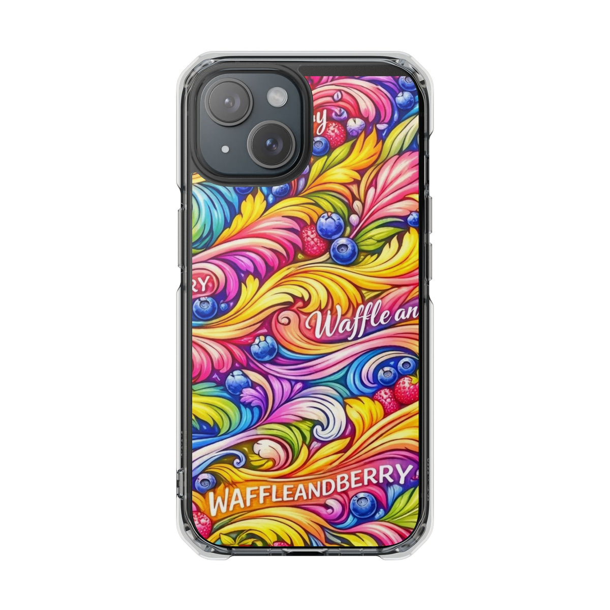Splash Berry Clear Magnetic Phone Case — Bright Rainbow Swirl Design (Waffle and Berry text)