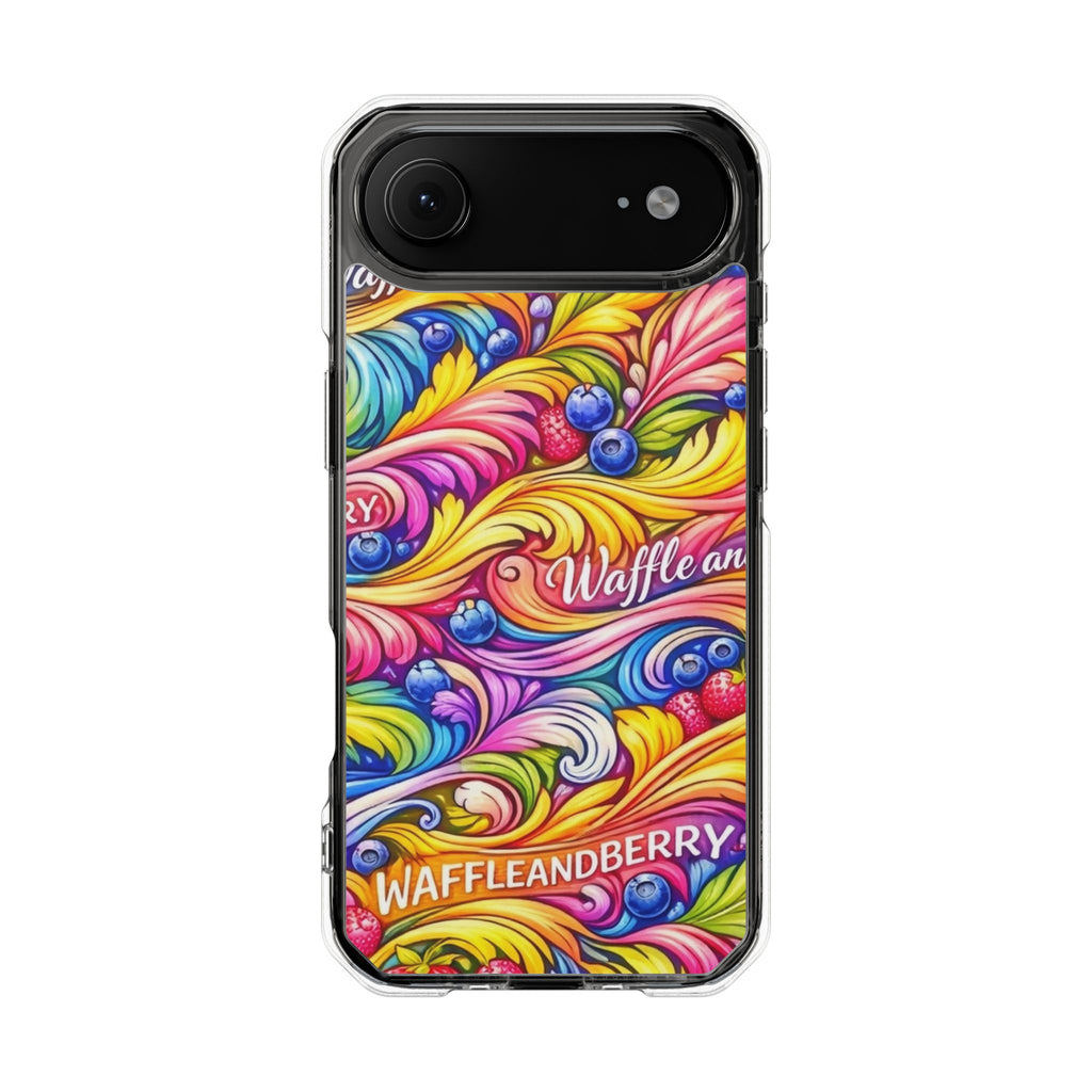 Splash Berry Clear Magnetic Phone Case — Bright Rainbow Swirl Design (Waffle and Berry text)