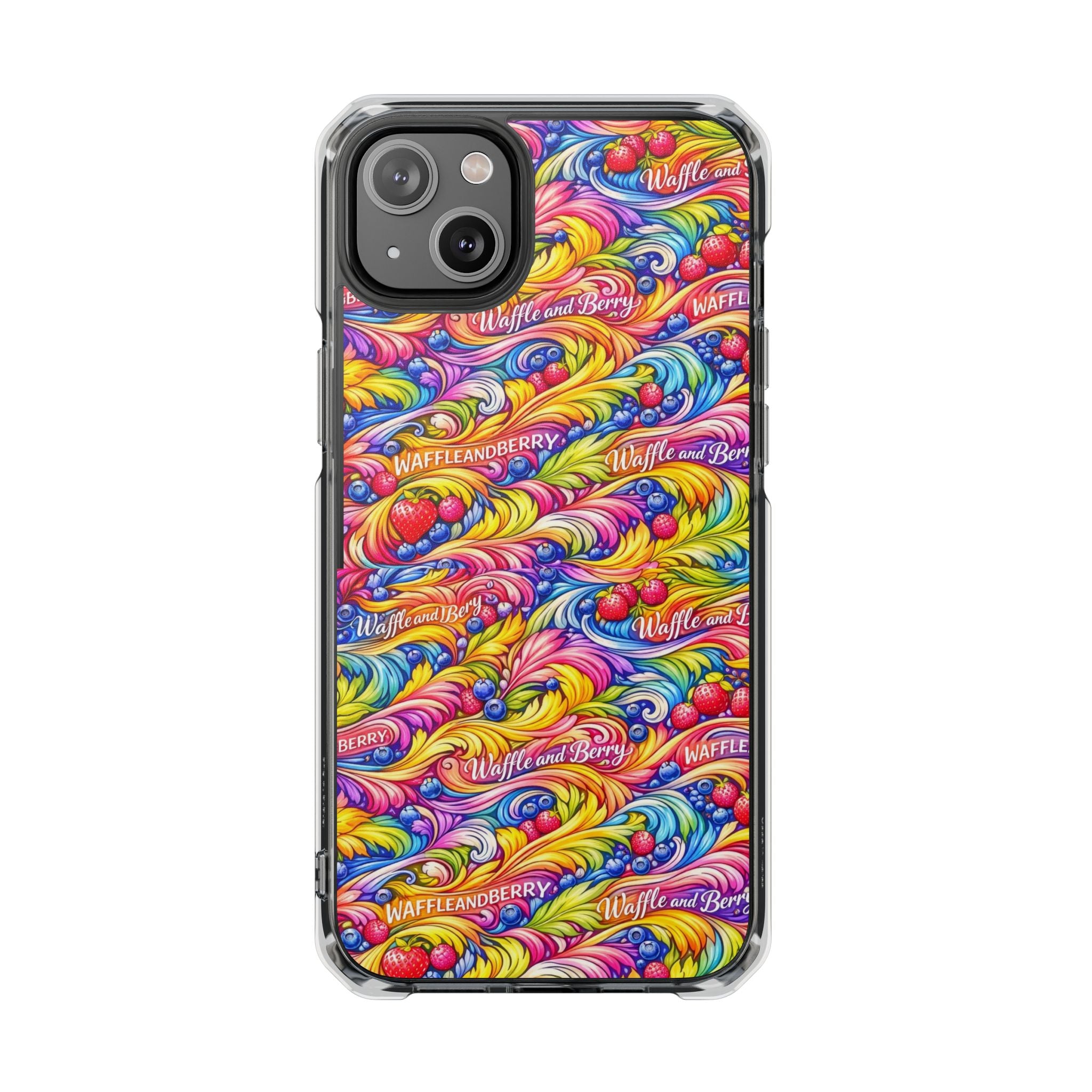 Clear Magnetic Phone Case — Bright Rainbow Swirl Design (Waffle and Berry text)